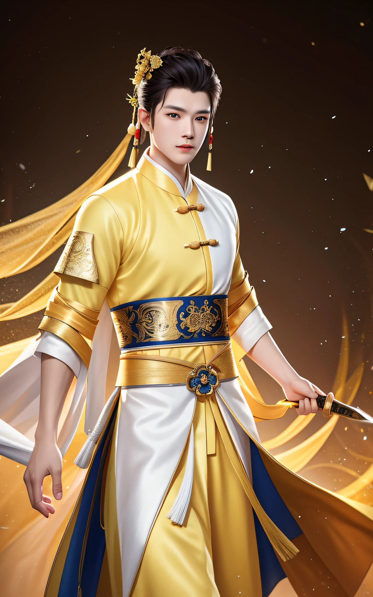Best Quality, Masterpiece, High Resolution, 1boy, China, Hair Accessory, Folding Fan, Handsome Face, upon_body, Tyndall Effect, Realistic, Dark Studio, Edge Lighting, Two-tone Lighting, (High Detail Skin: 1.2), 8k UHD, DSLR Camera, Soft Lighting, High Quality, Volume Lighting, Frankness, Photo, High Resolution, 4K, 8K, Pure White Bokeh, 278 years old, Chinese costume man in light yellow light shirt, long sword hanging from his waist, floating, Handsome, dashing and elegant, the whole standing painting presents a 2.5-dimensional style, with smooth lines, clear silhouettes, and full shapes, showing the temperament of this ancient man.