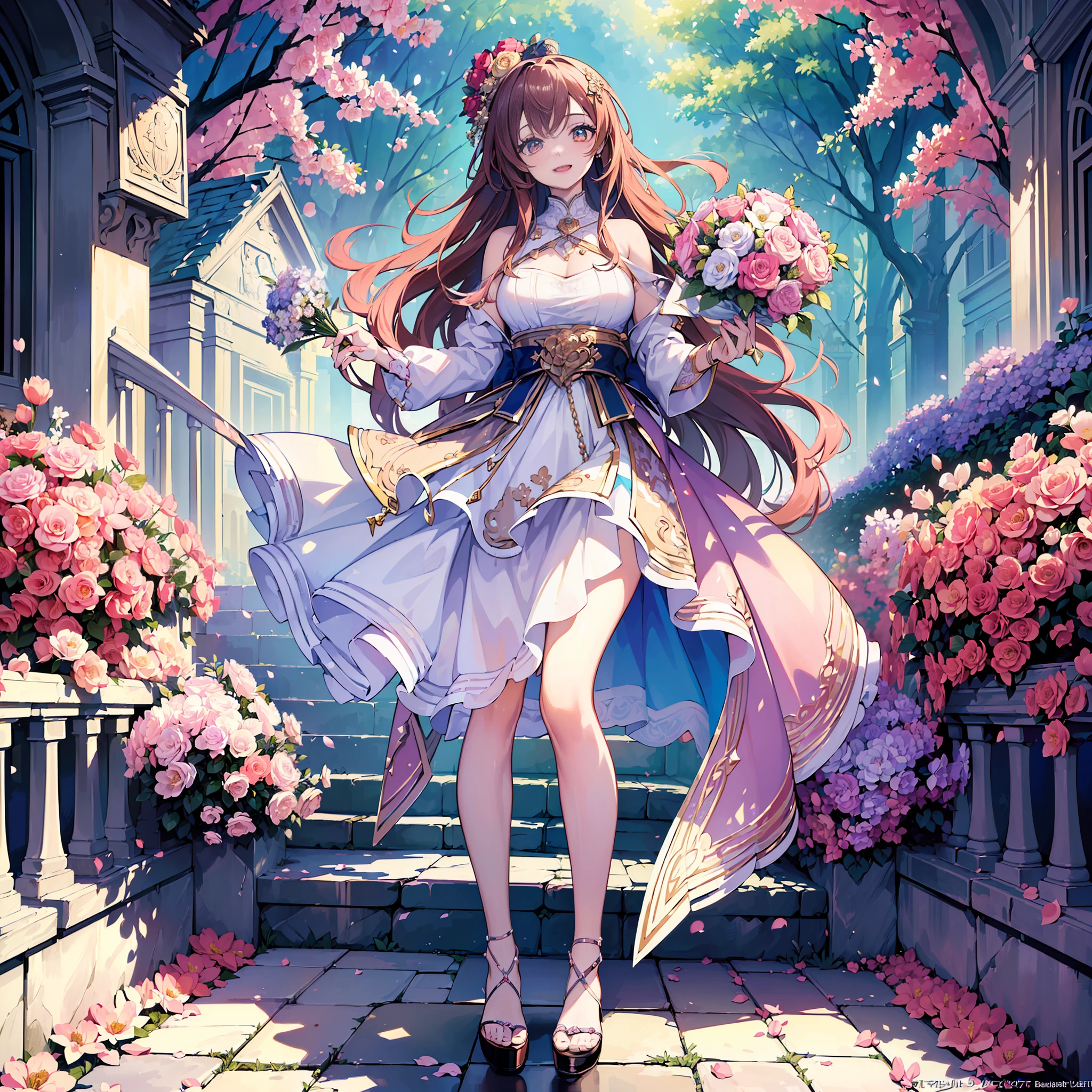 (masterpiece, top quality, highest quality, official art, beautiful aesthetics, 1 woman, :1.5), 1 girl, shining jewel-like eyes, happy expression, beautiful face, kind, joyful, ((correct human body structure)), happy, with bouquet, casual clothes, pink long hair, high heel sandals, see here, park full of flowers, 8k wallpaper