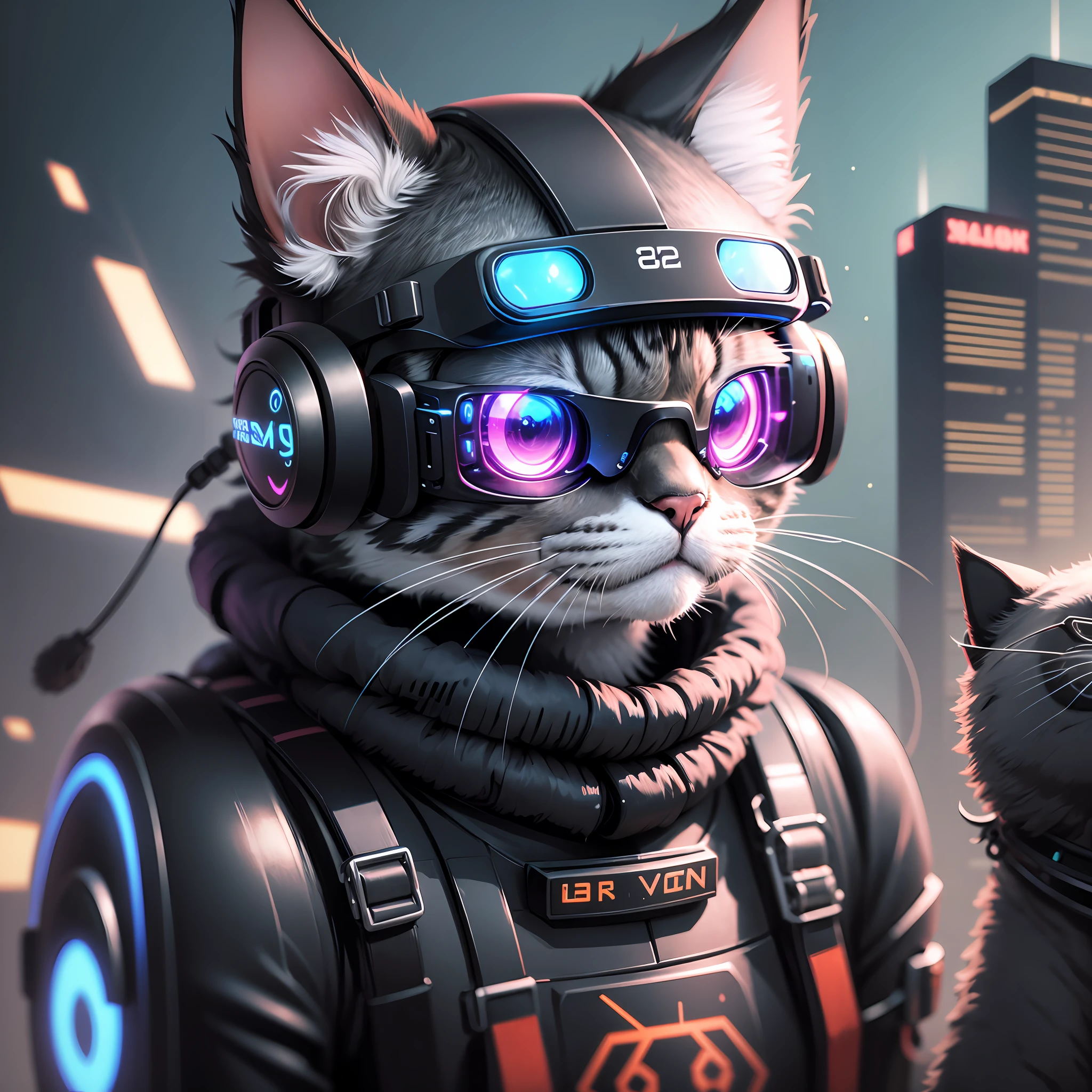 a robot-cat is wearing a black VR glasses on its eyes, cyberpunk, dazzling light, future background, high quality, super details, 8K --ar 3:4 --s 180 --style expressive --auto --s2