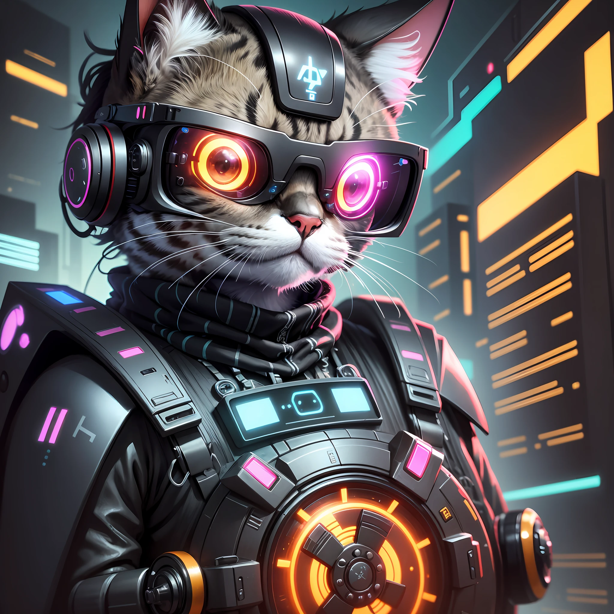 a robot-cat is wearing a black VR glasses on its eyes, cyberpunk, dazzling light, future background, high quality, super details, 8K --ar 3:4 --s 180 --style expressive --auto --s2