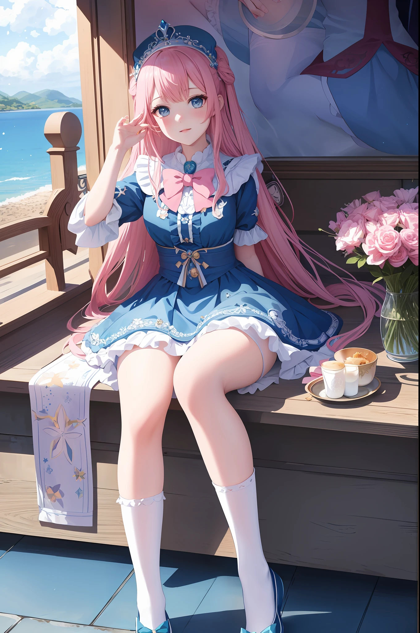 Anime girl in blue dress sitting on a boat with stars on her head, goddess of the sea, goddess of the anime, goddess of the sea, (((beautiful fantasy queen)), blue ocean, cute anime waifu in beautiful clothes, white socks, long socks, stockings, pink shoes, ta shoes, pattern, bow, wallpaper anime blue water, popular on ArtStation pixiv, beautiful girl, beautiful fantasy queen, beautiful fantasy anime, beautiful anime woman