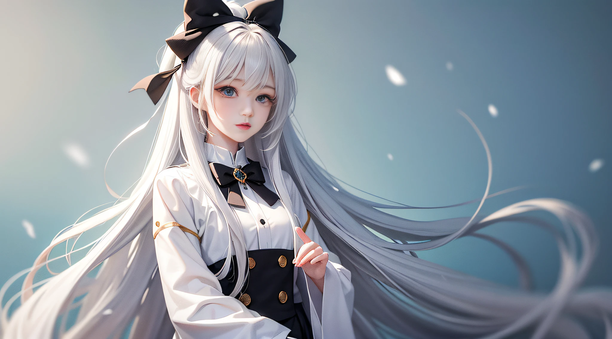 Long hair like snow appears in Guwiz art, bows dot his hair, nuanced style, by Yuyu wanders in the picture, delicate Yu, soft tones, as if the champion of the whole competition - Pixiv from YKDBOOM.