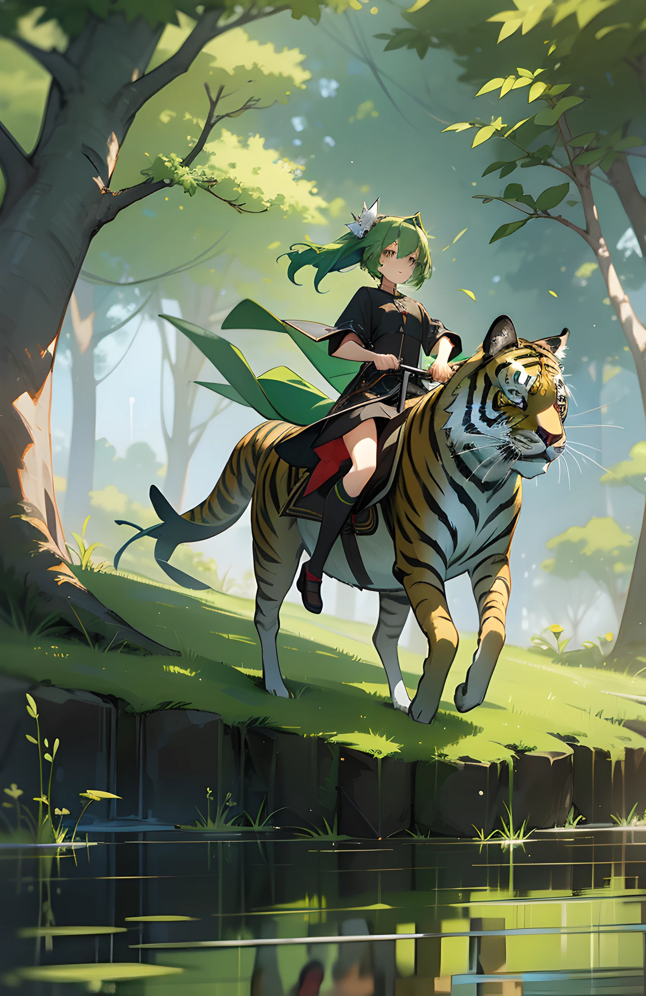1 girl, black stockings, green hair, cute girl, flower, tree, fish, riding tiger, water, [ 4 K digital art] !!, smooth anime CG art,