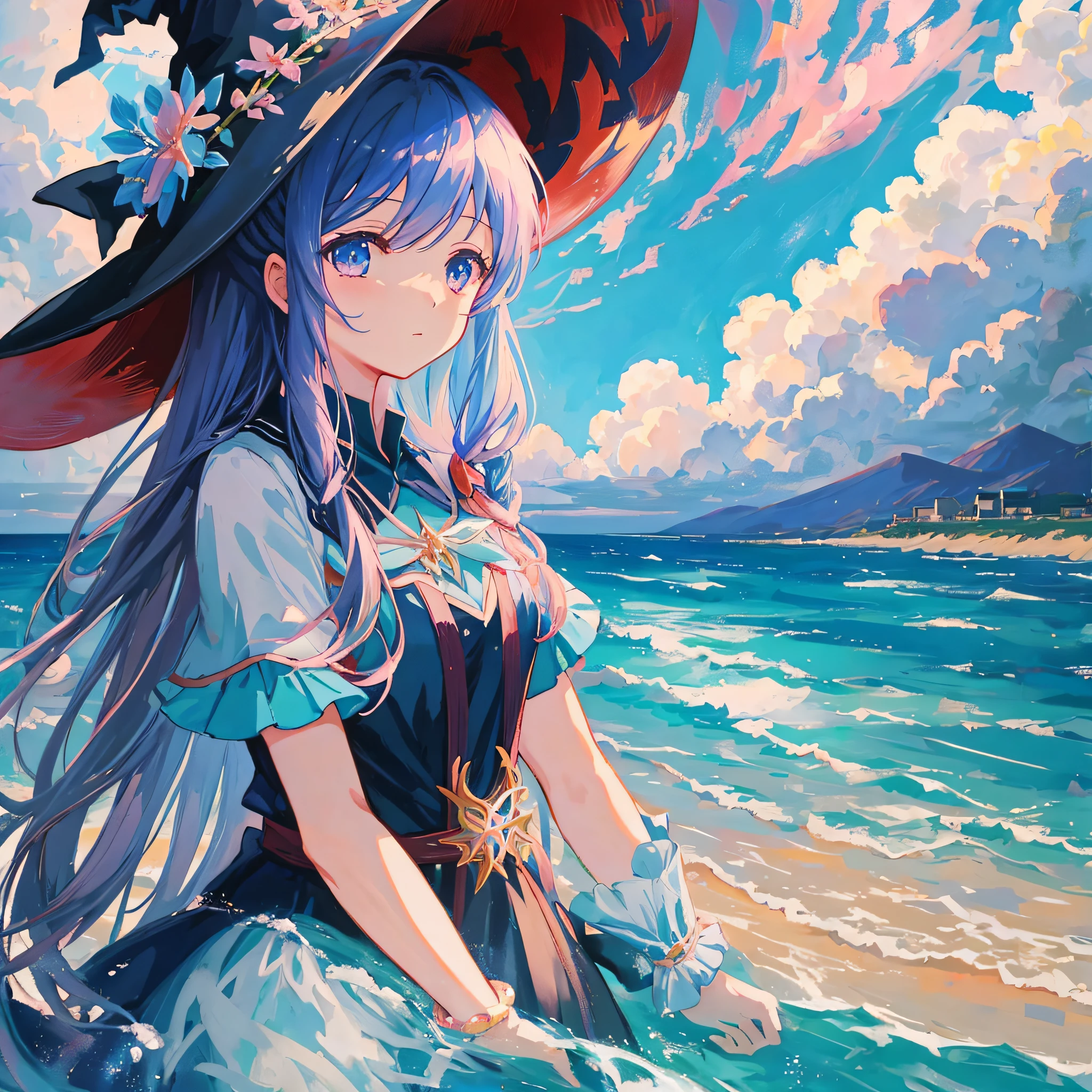 Flower, sea, sky, clouds, parting, witch, fantasy, anime --auto --s2