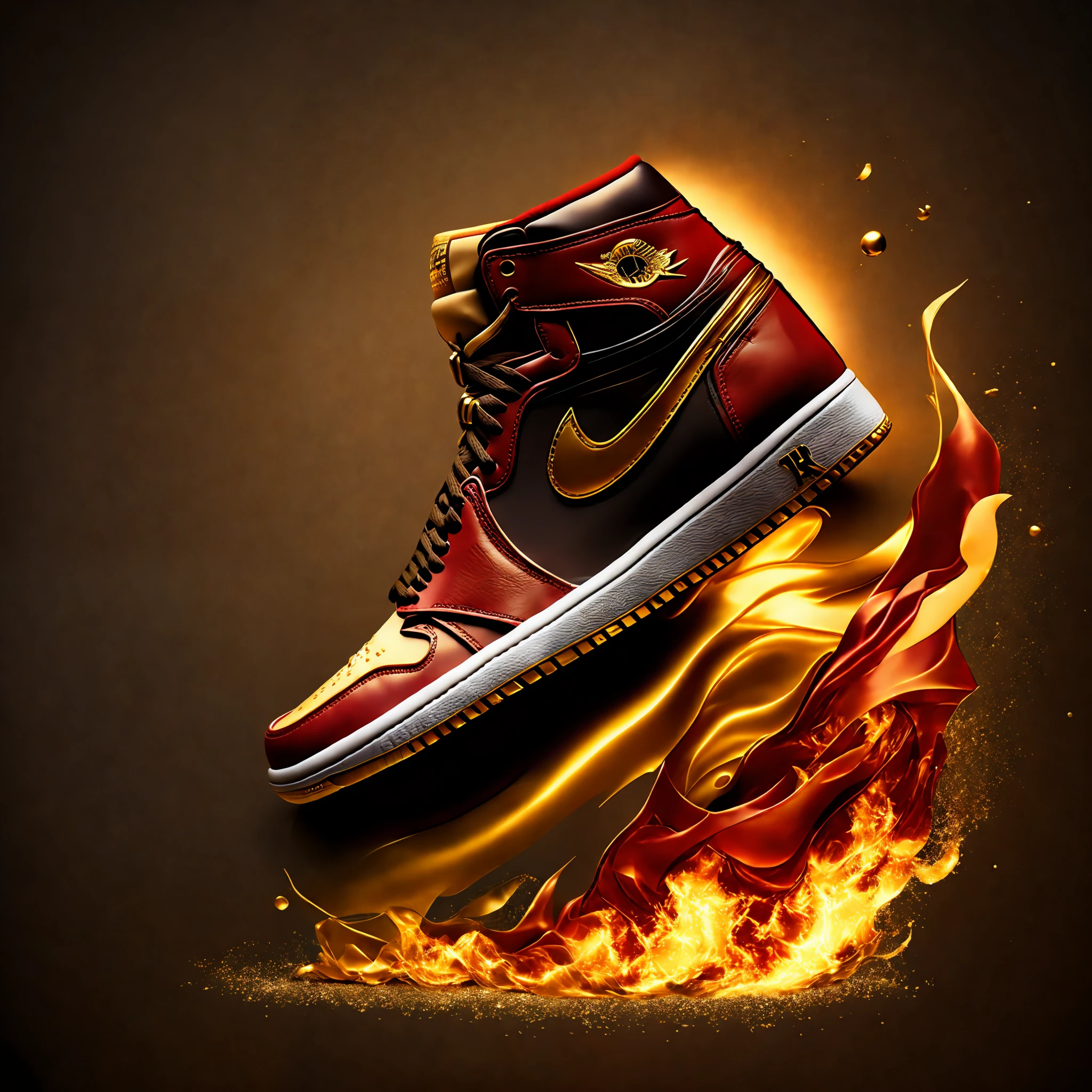 Logo, shoe, air jordan 1, extreme picture quality, masterpiece, wallpaper, fire, gold background