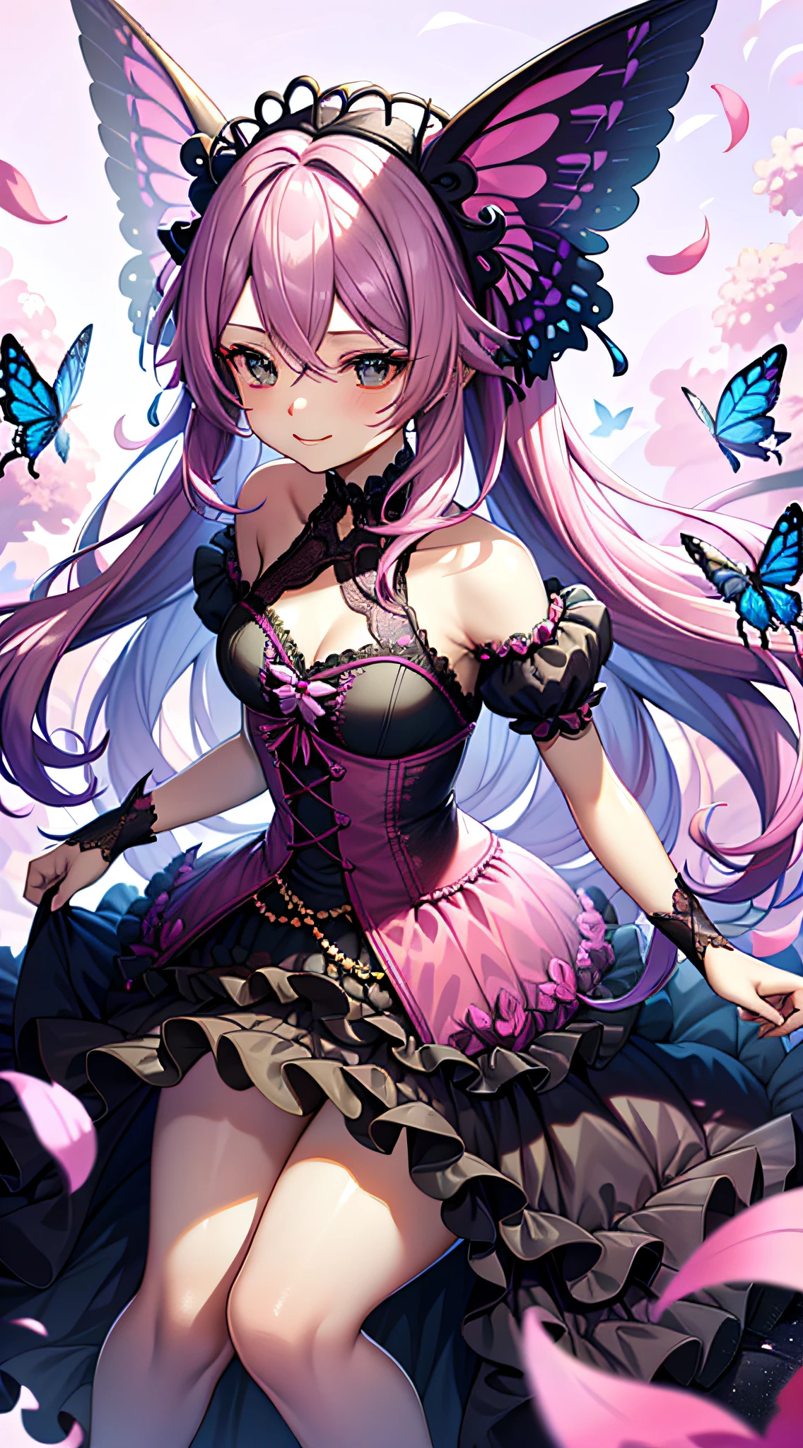 Butterflies, Pastel colors, smiling, laughing, sexy, beautiful gradient sky, flowing hair, moving hair, flower petals, flower field ((best quality)), ((masterpiece)), PastelGothAI