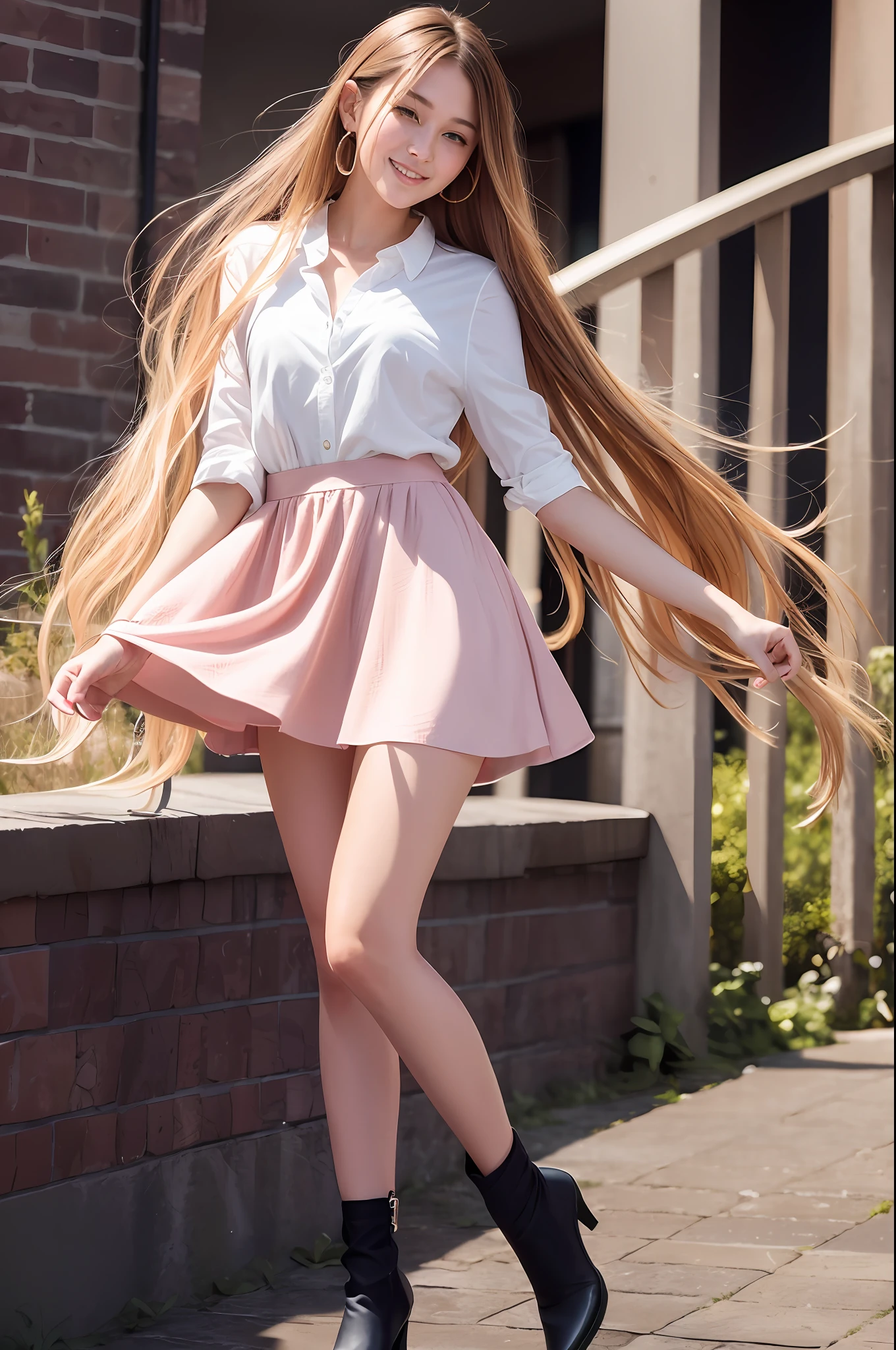 (8K, Best Quality, Masterpiece: 1.2), (Realistic, Photorealistic: 1.37), Super Detail, One Girl, Cute, Solo, (Redness of the Nose), (Smile: 1.15), (Mouth Closed) Small, Beautiful Eyes, (Long Hair: 1.2), Floating Hair Novafrog style, full body, mini skirt 40 cm above the knee,