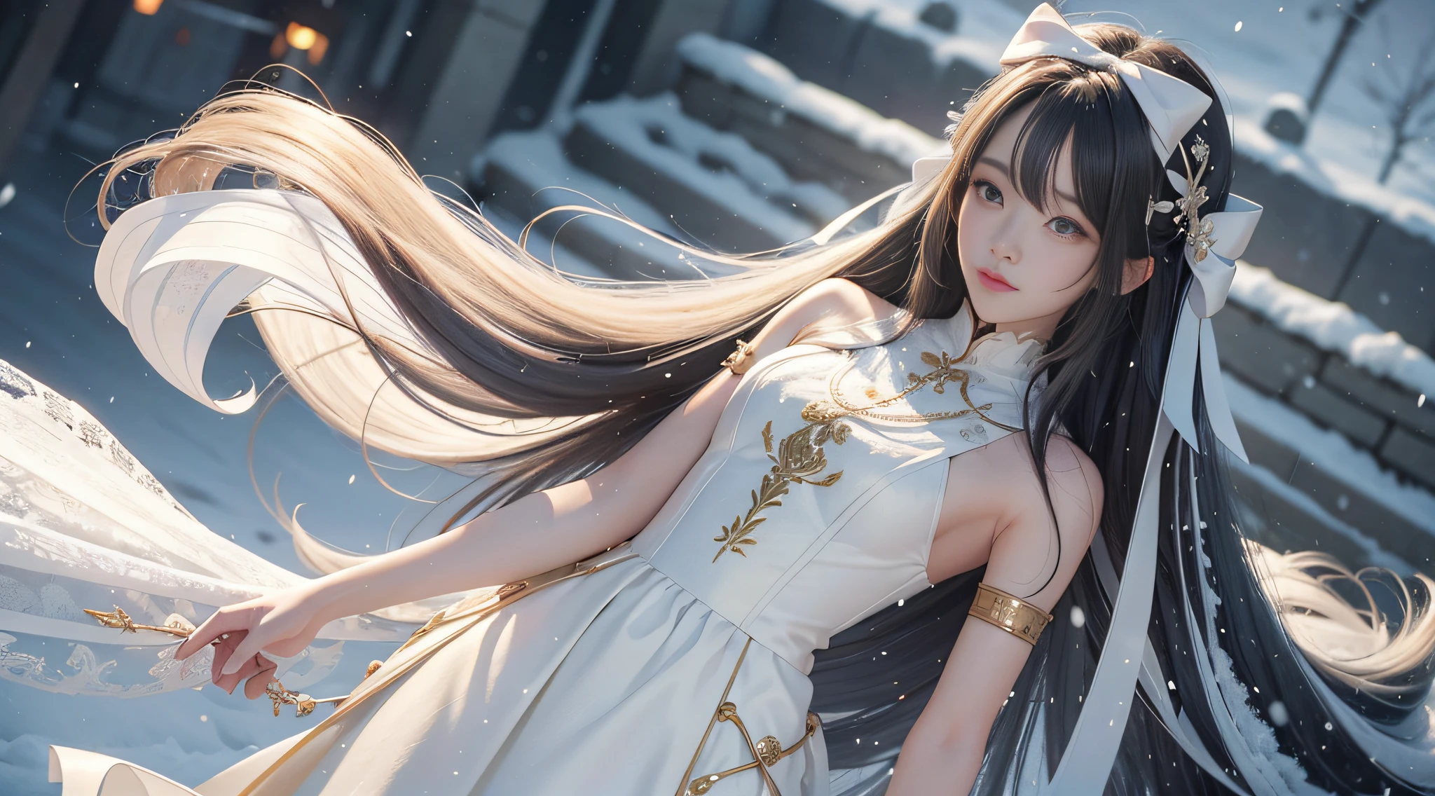 Long hair like snow appears in Guwiz art, bows dot his hair, nuanced style, by Yuyu wanders in the picture, delicate Yu, soft tones, as if the champion of the whole competition - Pixiv from YKDBOOM.