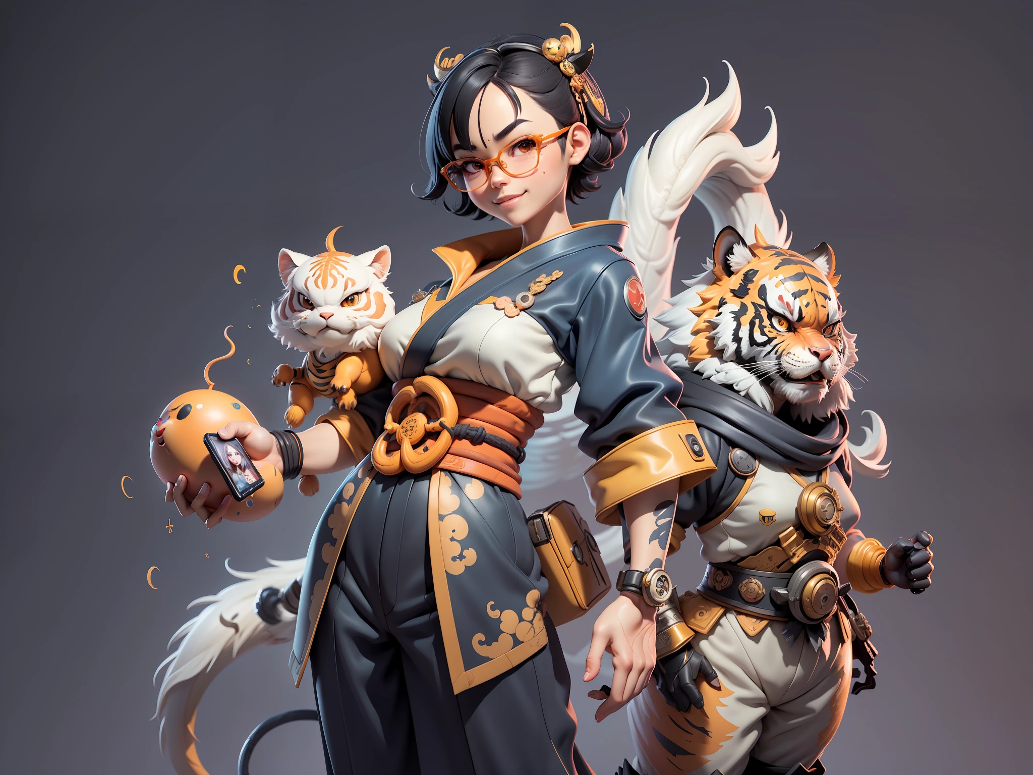 (Masterpiece), (Excellent), (Super Meticulous), (Full Body: 1.2), Super Young Woman, Japanese Geisha, Beauty, Chinese Dragon, Tiger, Wind God Thor, Sexy, Bursting, Oriental Face, TV Anchor, Bust Portrait Illustration, Alone, Black Suit, Blue Tie, Slightly Chubby, Very Clean Face, Silver Glasses, Black Super Short Hair, Black Eyes, Confident Smile, 3c Computer Sub-Products, iPad, iPhone, Digital Painting, 3D character design by Mark Clairedon and Pixar and Hayao Miyazaki and Akira Toriyama, the illustrations are HD illustrations in 4K resolution with highly detailed facial features and cartoon-style visuals.