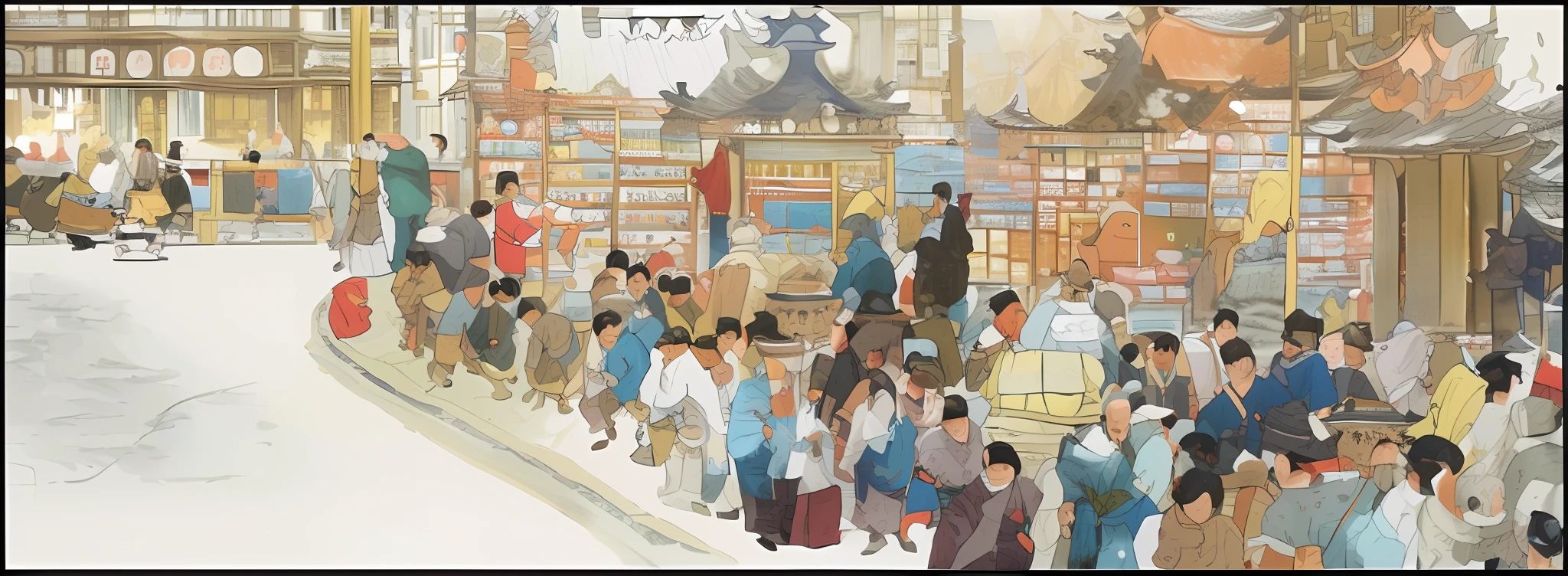 painting of a crowded street with people walking around, by Watanabe Kazan, by Yun-Fei Ji, by Tomioka Tessai, by Chizuko Yoshida, inspired by Mattias Adolfsson, people shopping, by Siona Shimshi, by Li Zai, by Kim Hwan-gi, by Ni Yuanlu