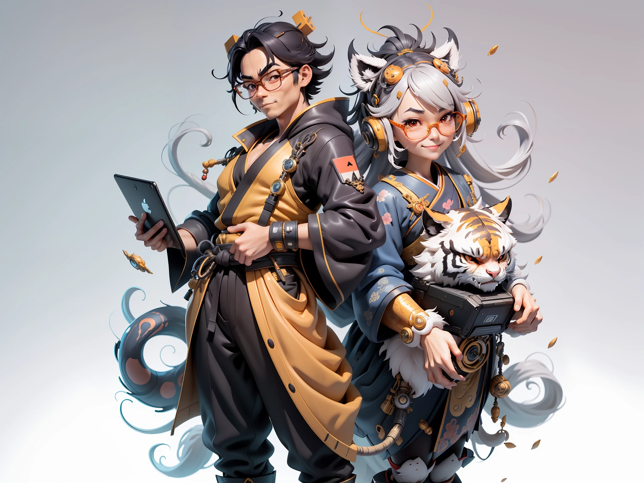 (Masterpiece), (Excellent), (Super Meticulous), (Full Body: 1.2), Super Young Woman, Japanese Geisha, Beauty, Chinese Dragon, Tiger, Wind God Thor, Sexy, Bursting, Oriental Face, TV Anchor, Bust Portrait Illustration, Alone, Black Suit, Blue Tie, Slightly Chubby, Very Clean Face, Silver Glasses, Black Super Short Hair, Black Eyes, Confident Smile, 3c Computer Sub-Products, iPad, iPhone, Digital Painting, 3D character design by Mark Clairedon and Pixar and Hayao Miyazaki and Akira Toriyama, the illustrations are HD illustrations in 4K resolution with highly detailed facial features and cartoon-style visuals.