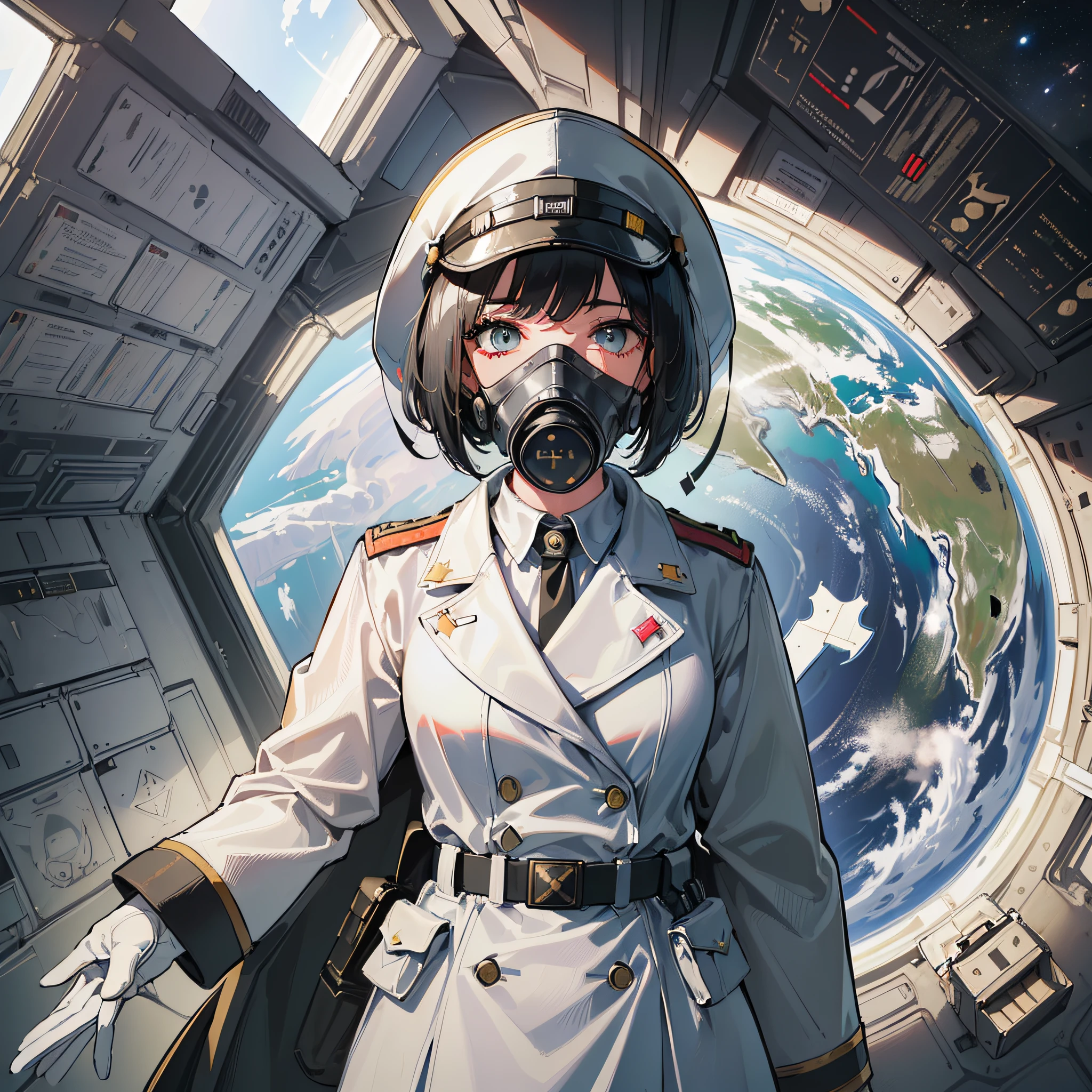 ((Masterpiece)), ((Highest Quality)), ((Best Quality)), (Illustration of One Girl), Full Body, Black Hair Bob Cut, (((Gas Mask Covering Face)), (Tall)), ((Military Uniform)), ((Army Uniform)), (Military Uniform)), (Military Hat)), ((Military Cap)), Army Coat, (White Clothes), (White Trousers), (White Hat), (Black Trench Coat), (((Inside the Spaceship)), ( Earth outside the window, in space, as seen from space)