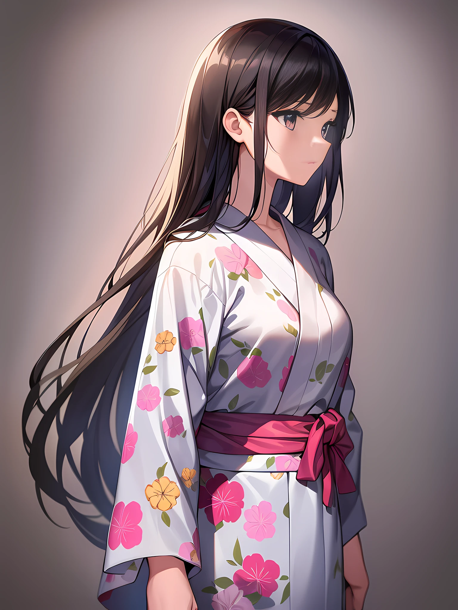 ((Masterpiece)), ((Best Quality)), ((Perfect Lighting)), Illustration, Perfectly drawn Eyes, Detailed Eyes, 8K, Official Wallpaper,
standing, cowboy shot, side view, looking away, ((white simple background)),
1 girl, solo, cute, 20 years old, black long straight hair, brown eyes, middle chest, sad,
White and pink yukata with morning glory print,