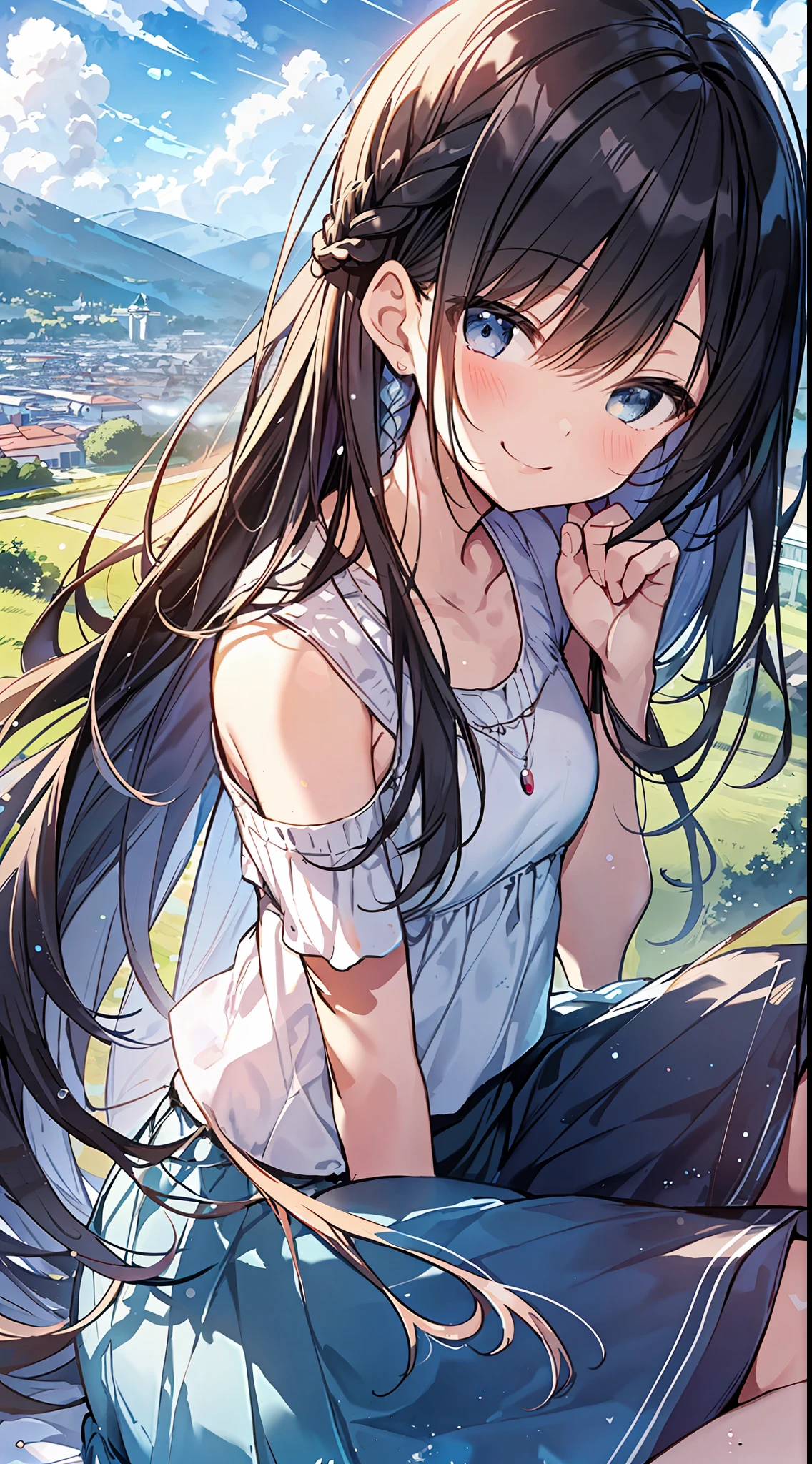 Top Quality, Masterpiece, Ultra High Definition, 8k, Summer Sky, Early Summer, (Light Blue Maxi Skirt, Light Knit, Sneakers), Shojo Manga Style Loli, One, Soft Line Art, Digital Enhancement, Shoujo Manga Touch, Shojo Manga Core, Flowing Fabric, Close Up, (Shoulder Length and Short Braid)), Wet Hair, Staring at Us Head-on, Soft Drawing, Beautiful Black Hair, clear eyes, ((teasing smile)), ultra-detailed digital anime art, clear face depiction, ultra-detailed shoujo manga character art, ultra-detailed manga style, top quality colors, hand gestures, landscape with nature, looking up at the sky, angle that can be seen up to the feet