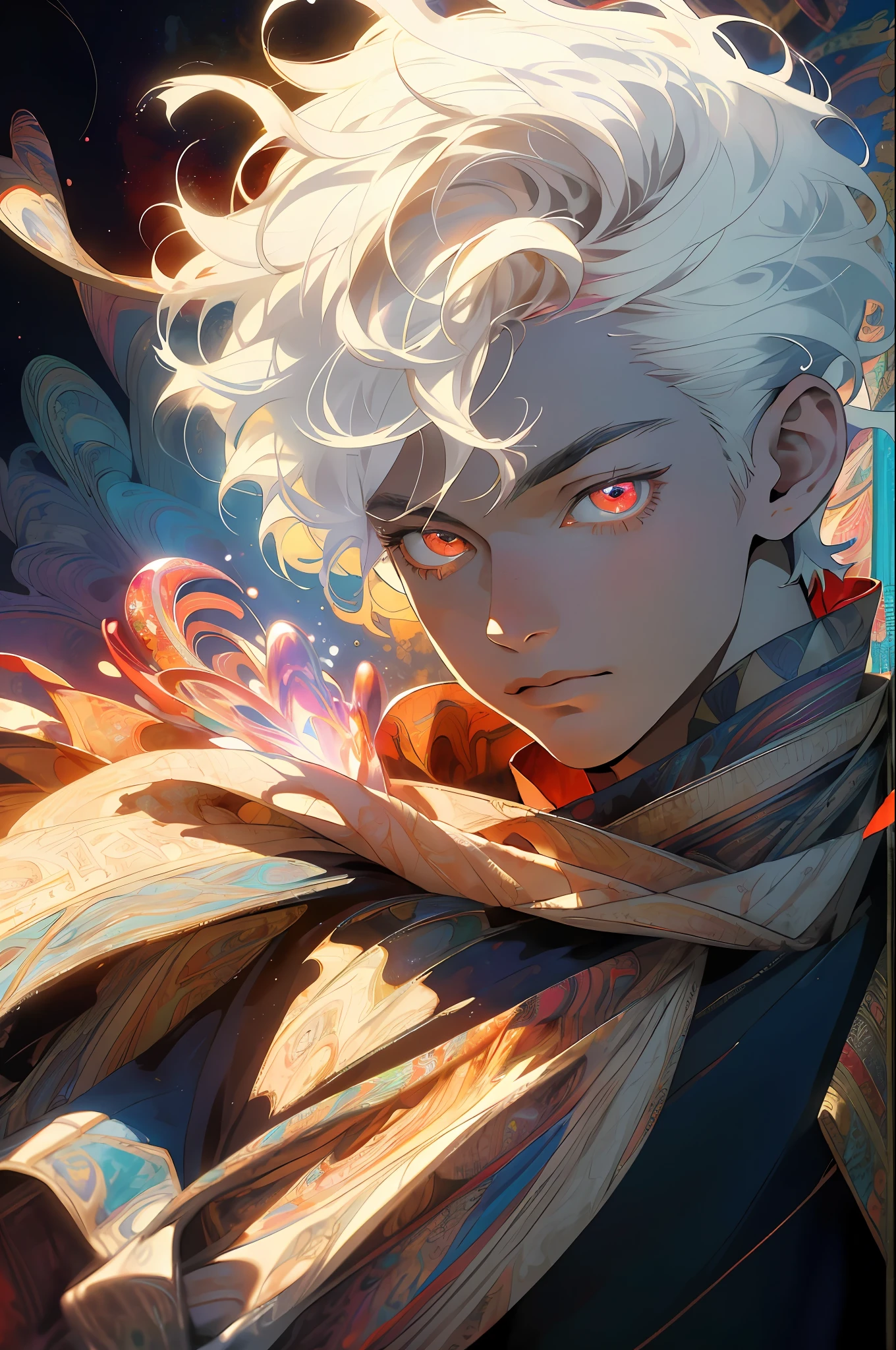 Realistic, (Masterpiece, Top Quality, Best Quality, Official Art, Beauty and Aesthetics: 1.2), Very Detailed, Fractal Art, Colorful, Most Detailed, Zentangle, (Abstract Background: 1.5) (1boy: 1.3), God, White Hair, Short Hair, (Glowing Red Eyes), Mysterious, (Magic), Ice, Handsome Man, Egyptian Style