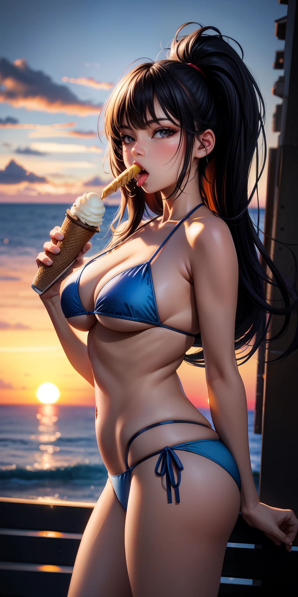 realistic, girl single, big mouth open, ice cream licking, bikini, sunset