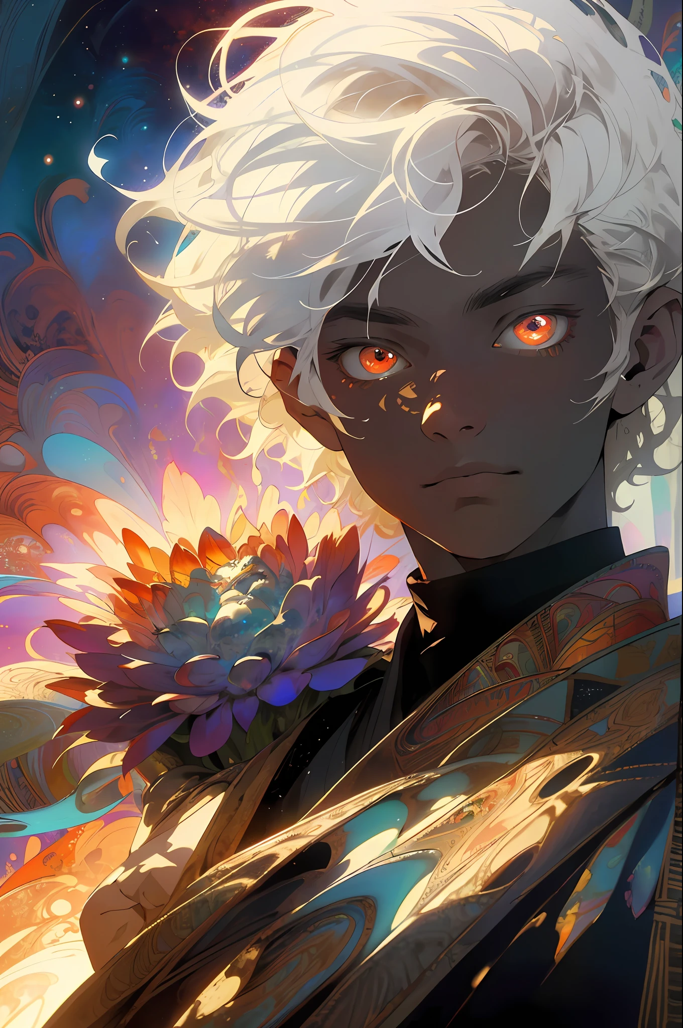 Realistic, (Masterpiece, Top Quality, Best Quality, Official Art, Beauty and Aesthetics: 1.2), Very Detailed, Fractal Art, Colorful, Most Detailed, Zentangle, (Abstract Background: 1.5) (1boy: 1.3), God, White Hair, Short Hair, (Glowing Red Eyes), Mysterious, (Magic), Ice, Handsome Man, Egyptian Style