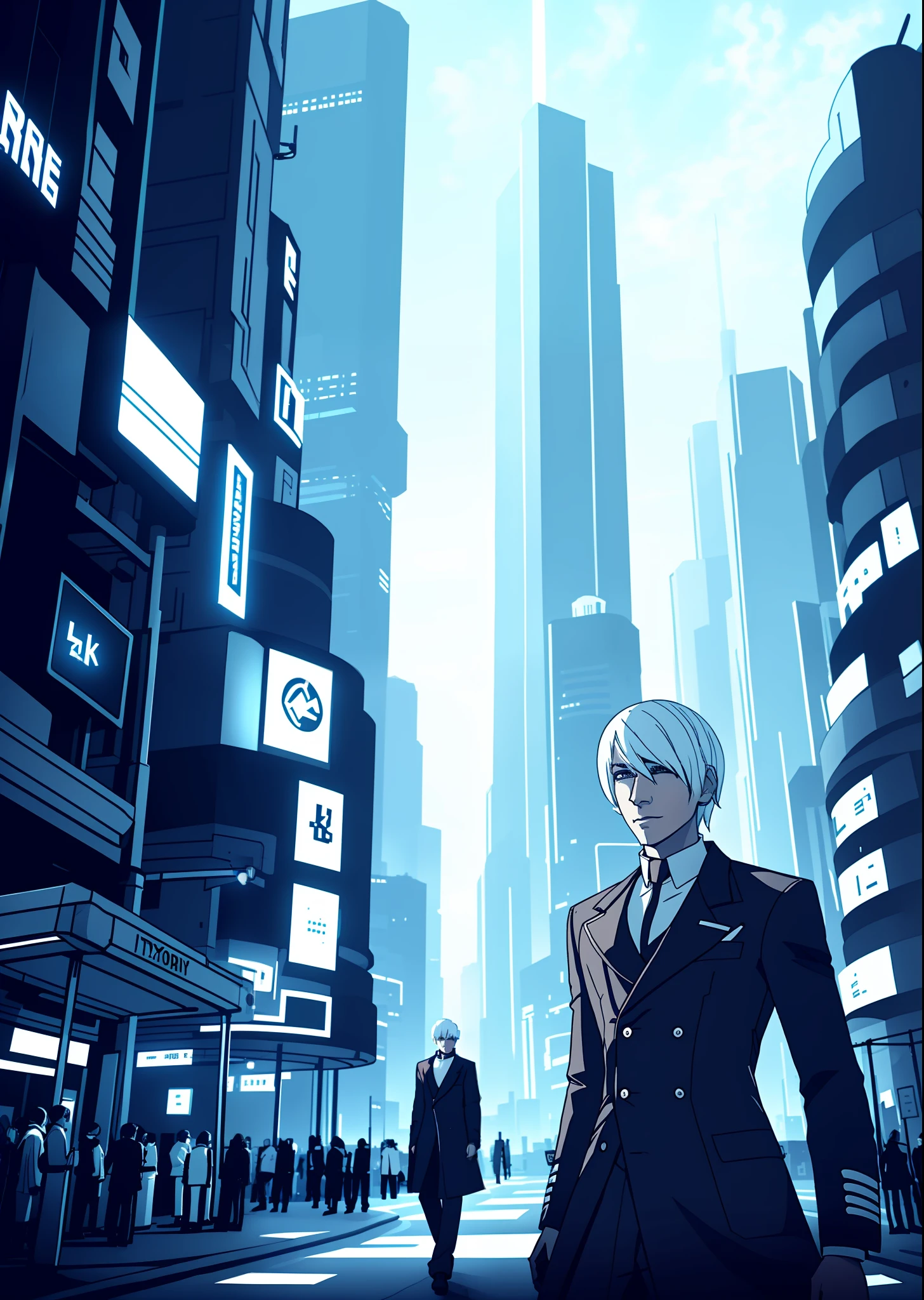 White-haired man wearing a lab coat
Background cyberpunk city