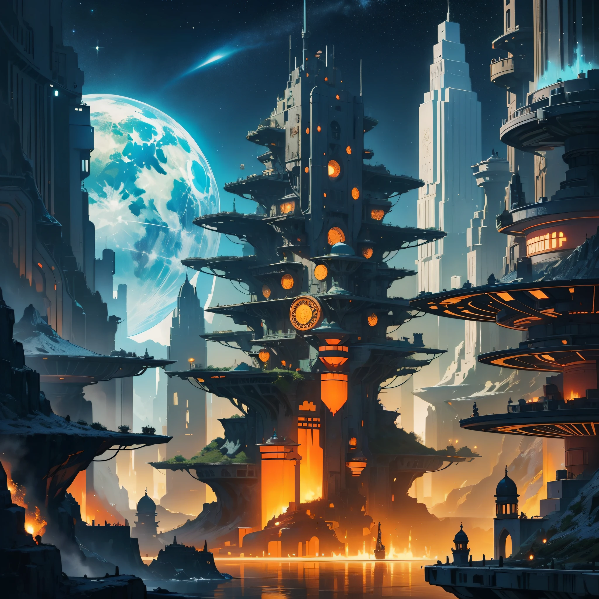 Create an intricately detailed artwork of a futuristic colony on a distant planet, featuring a towering city made entirely out of light, suspended in mid-air. The scene should showcase a bustling marketplace below, with traders and vendors selling exotic wares from different worlds. The colony should be located in a crater surrounded by jagged rocks and glowing neon vegetation. The style should be a blend of Art Deco and cyber-art, with a warm yet dark color palette. The artwork should create a sense of awe and wonder, showcasing the possibilities of humanity's progression throughout the universe.