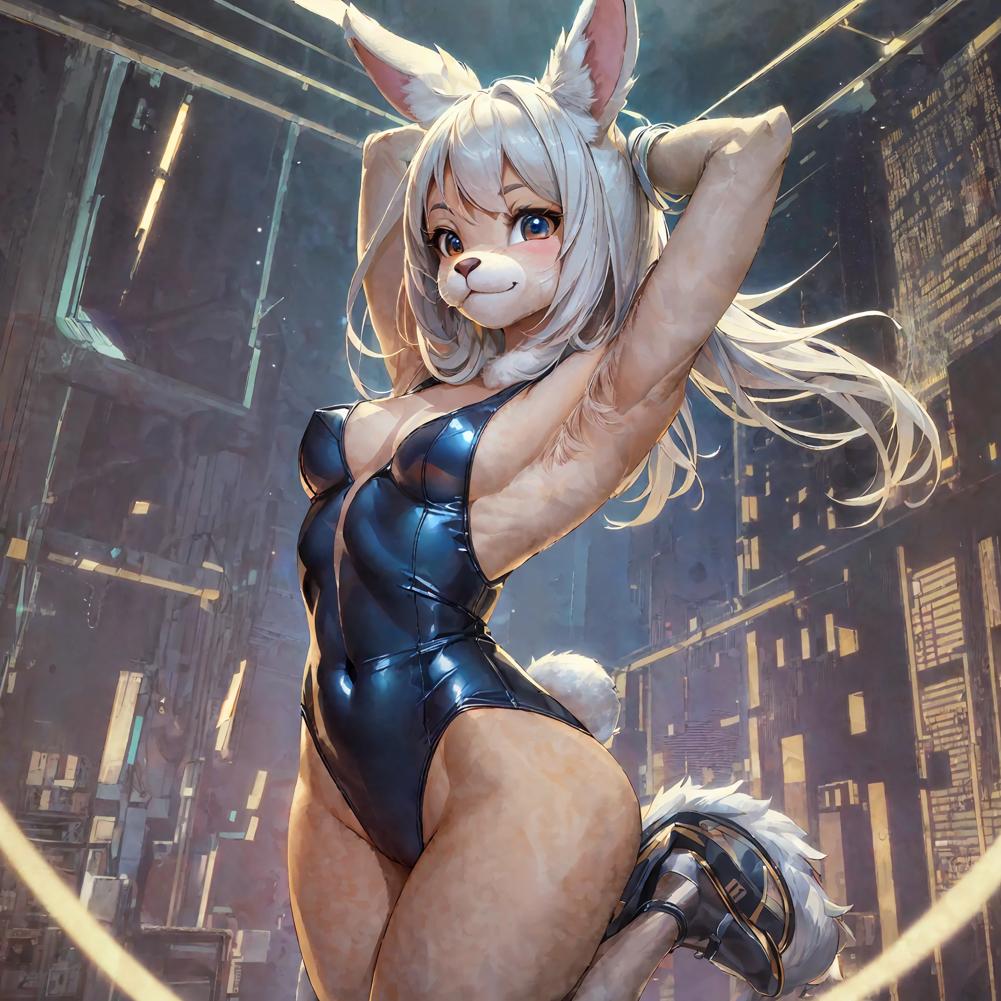 (highest quality)angelic cute 1girl, solo, audition scenes for the movie "Flashdance", dancing(Highly Detailed Beautiful Face and Eyes) absurdres, Perfect Anatomy ((furry girl leotards))(((furry)))(furry anthro:1.7)((rabbit Facial Features, rabbit Body Features))((rabbit Muzzle, Highly Detailed Body Fur))Full Body (((jumping))),