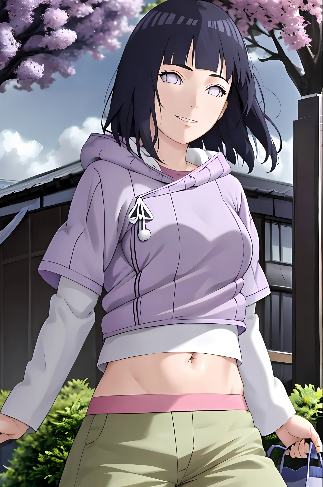 masterpiece, absurdres , (intricate details), (colorful),cinematic lighting,extremely detailed CG unity 8k wallpaper ,hinata\(boruto\), 1girl, solo, purple hoodie ,brown pants, from behind,layered sleeves, cowboy shot, looking back, looking at viewer,smile, outdoors, lavender flower field,flower, day, cloudy sky, wind, floating hair, falling petals, big breasts