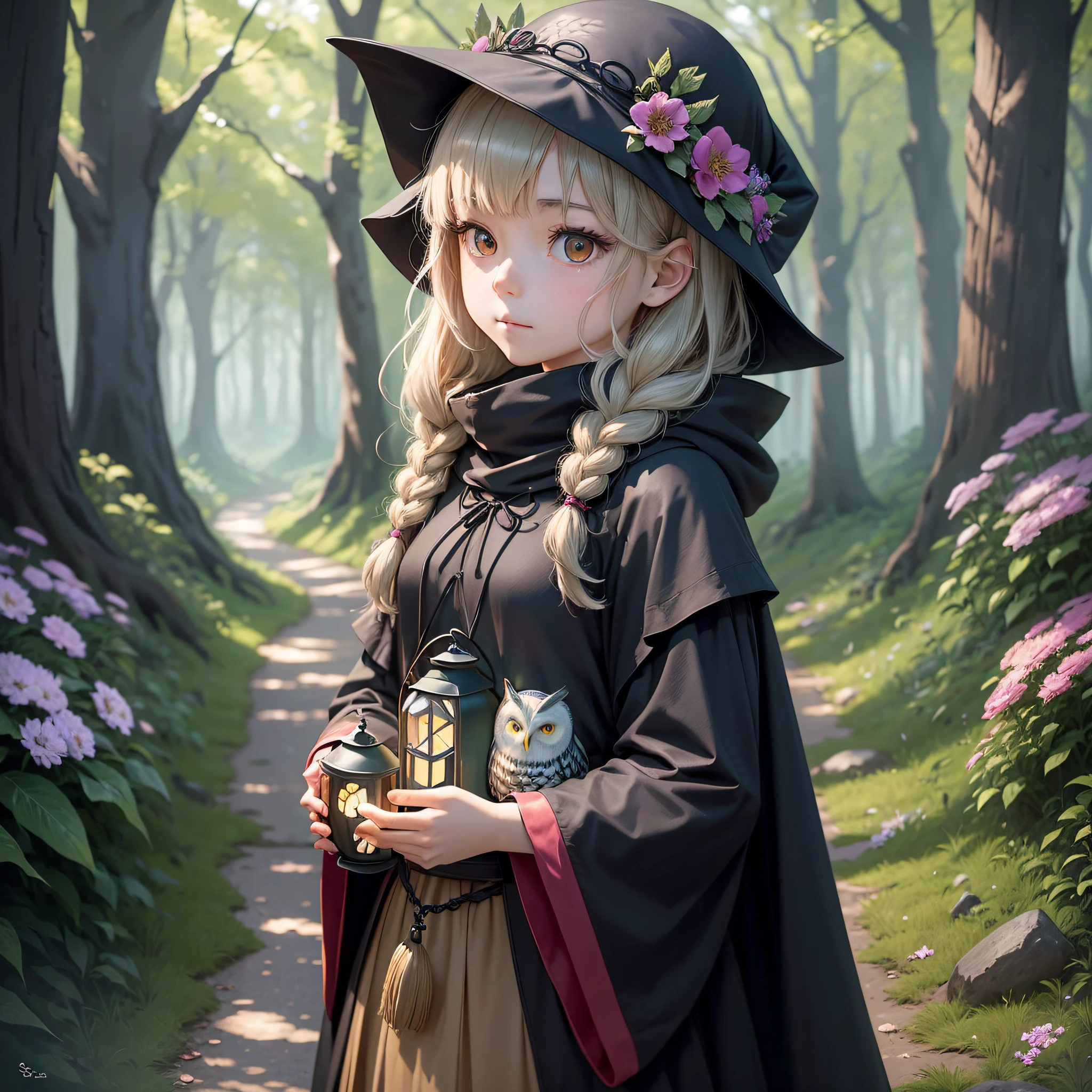 In the anime world, a girl with a lantern walks in a black cloak on a forest path, and at the end of the road is a deep castle. An owl docked on the girl's shoulder, and the girl was calm and relaxed, as if she had just come home, and the roadside was full of small flowers. --auto --s2