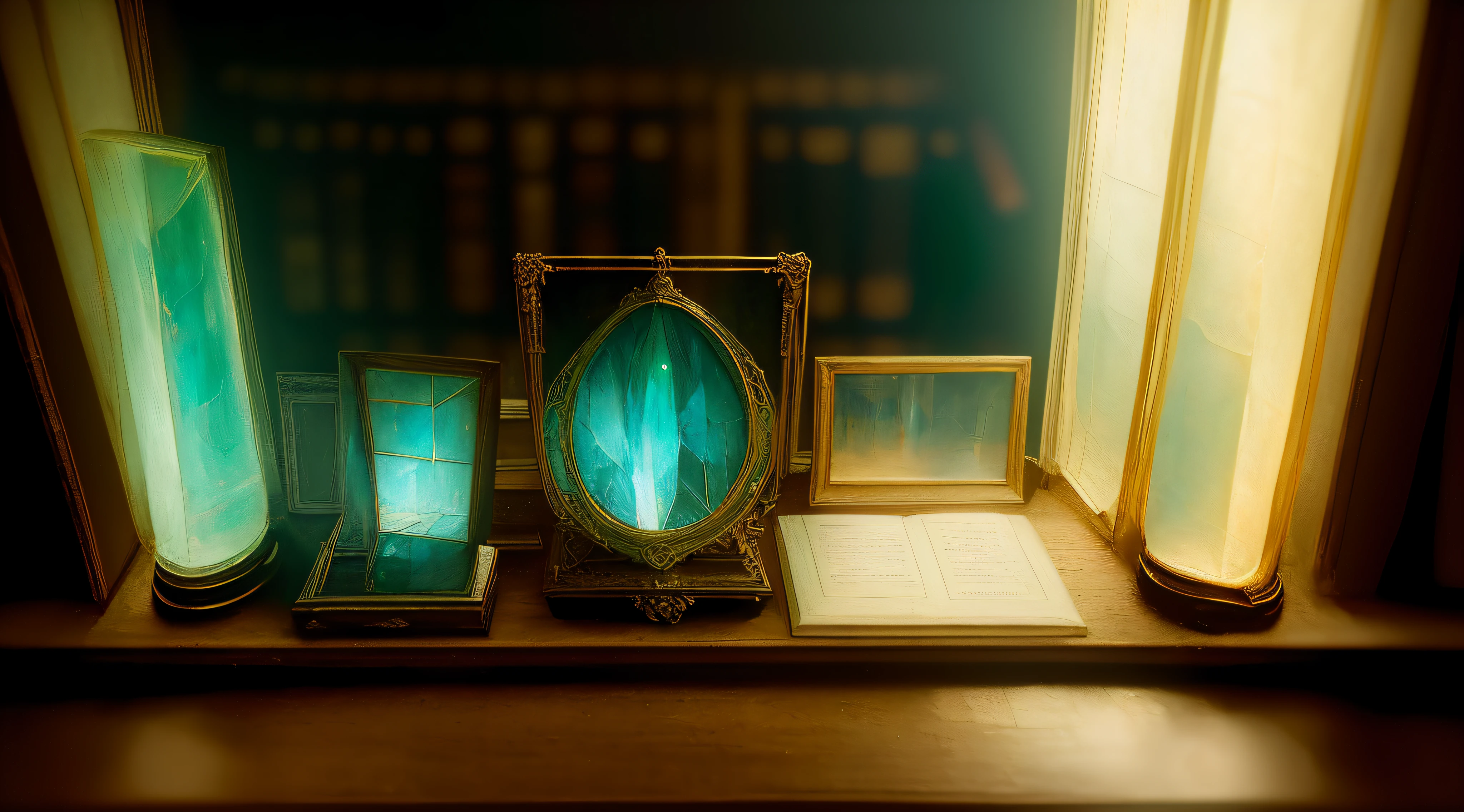 ((Best quality)), ((masterpiece)), ((realistic)), A dusty, old library shelf with soft, ethereal glow, revealing a magical book filled with enigmatic secrets. The scene is set in a dimly lit room with rays of light streaming through the window, painted in high definition and intricate detail. The artwork is created in the style of surrealism by the renowned artist Salvador Dali. The medium used is oil on canvas, showcasing muted tones with pops of vibrant colors. It is a still life that evokes a sense of mystery and awe. on eye level, scenic, masterpiece.