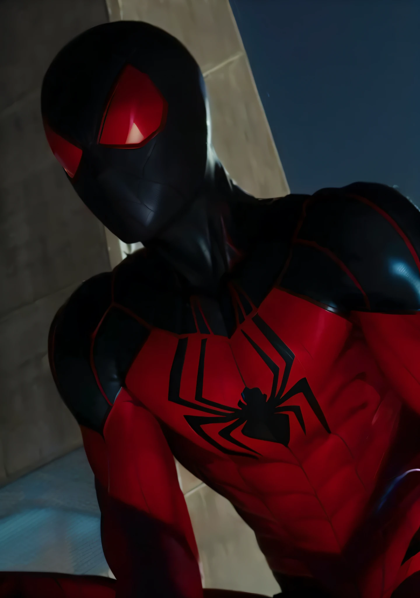 spider - man in a red suit standing in front of a building, black and red suit, red and black suit, , black and red reflected armor, , full body close-up shot, medium close - up ( mcu ), futuristic style spiderman, highly detailed spider - man, into the spider verse style