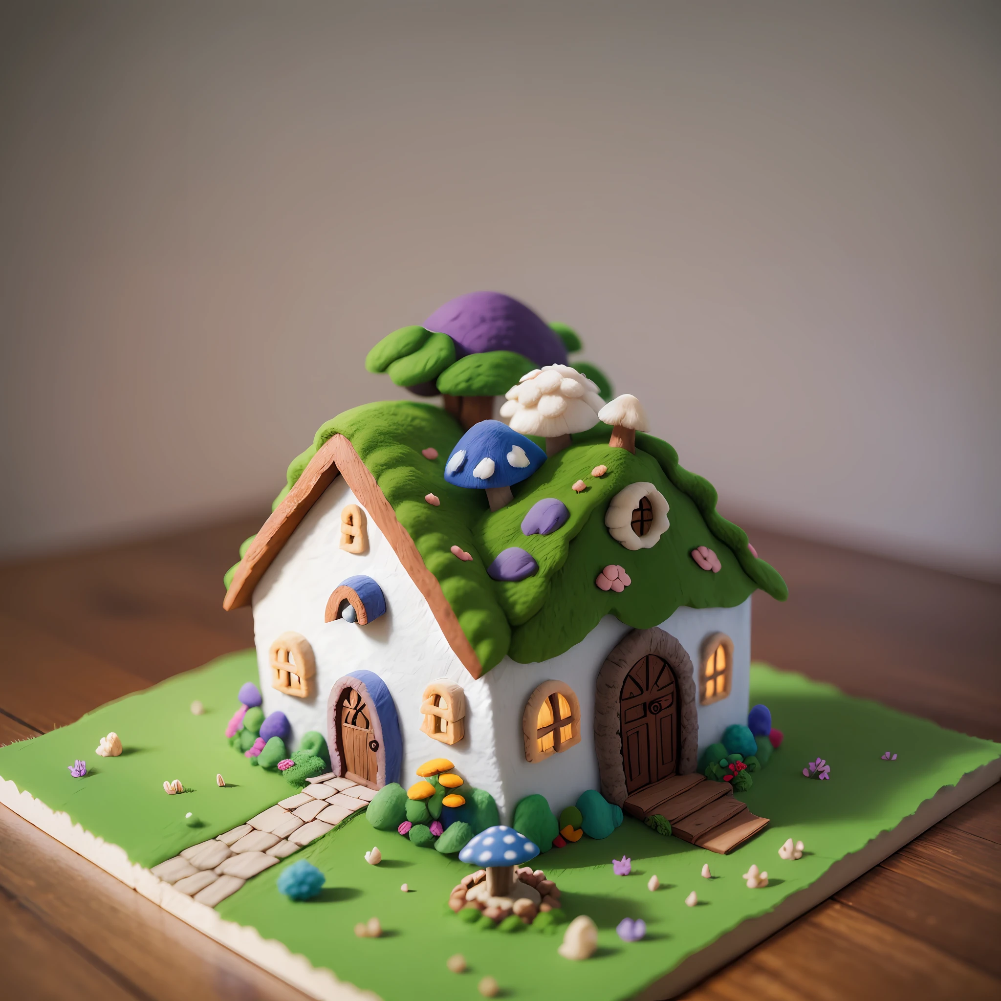3D model,The Mushroom House,lt's from a fairy
tale,white background, made of felt, needle felt,
needle felt art --auto --s2
