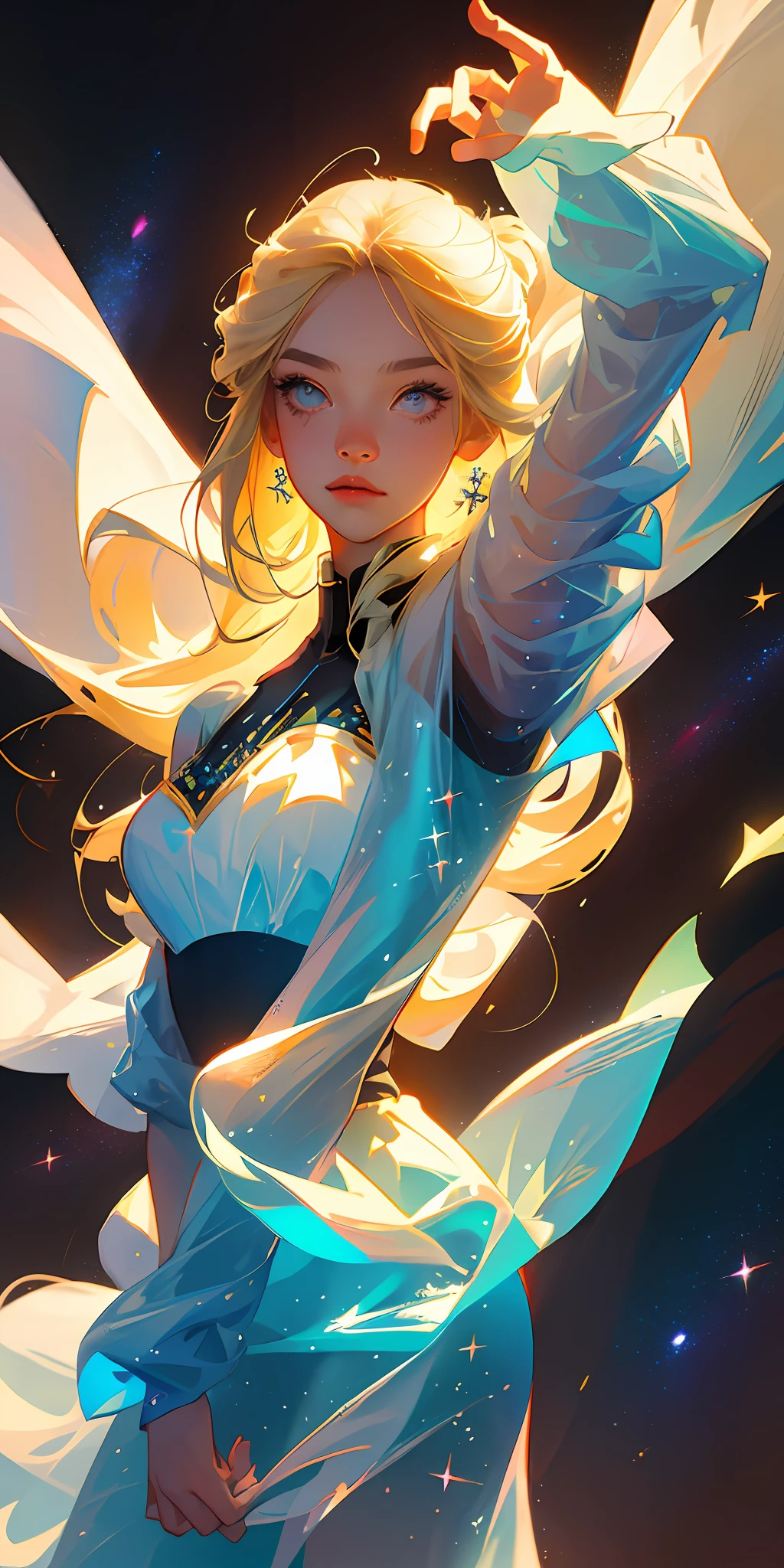 (best quality, masterpiece), 1girl, pose, particle, wind, flower, upper body, simple background, looking at viewer, blonde, galaxy,