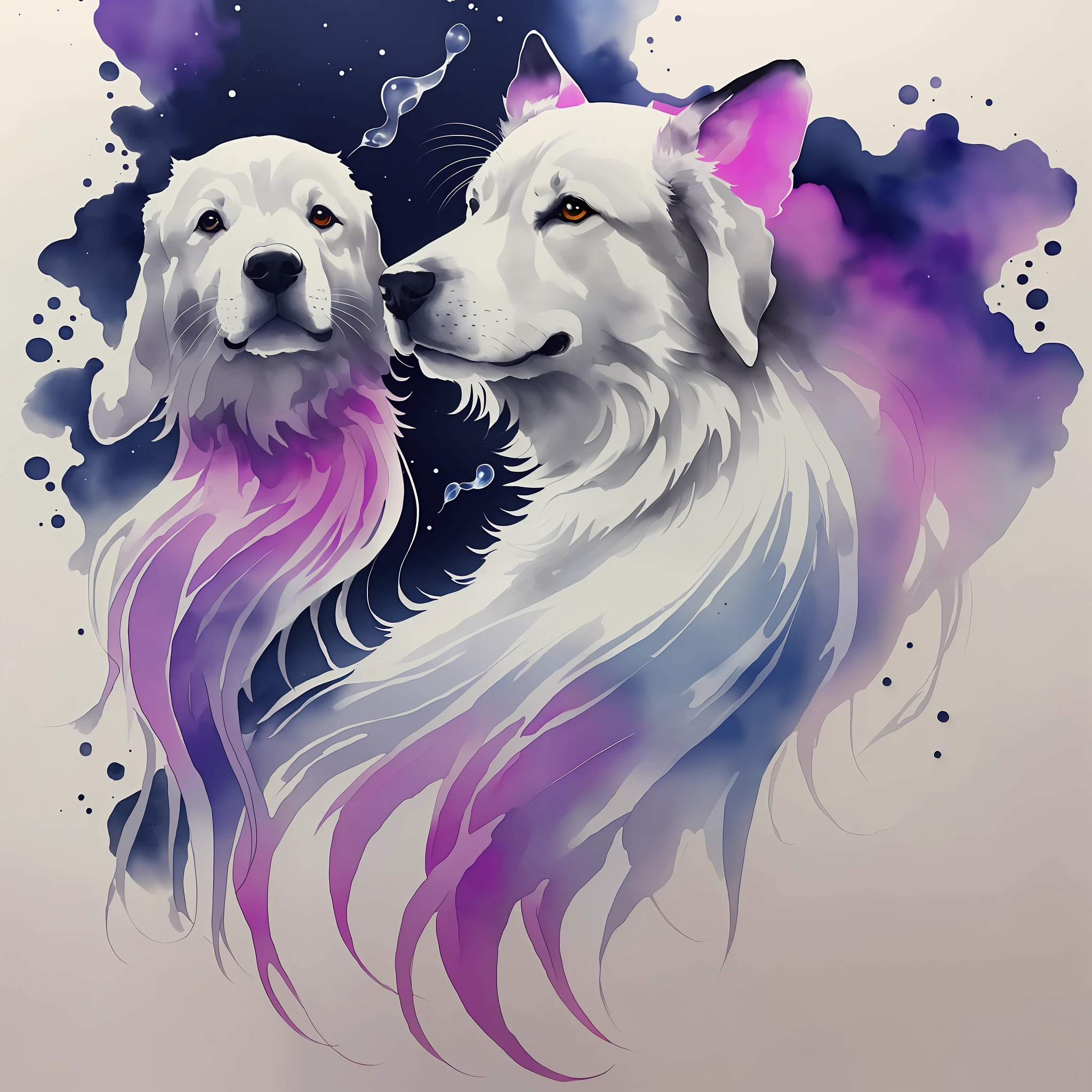 white background, landscape, ink, ink painting, (1 dog: 1.5), (dog portrait: 1.5), sunset in the background, orchid, jellyfish, bioluminescent, symmetrical artwork, GemstoneAI, (:1.5)