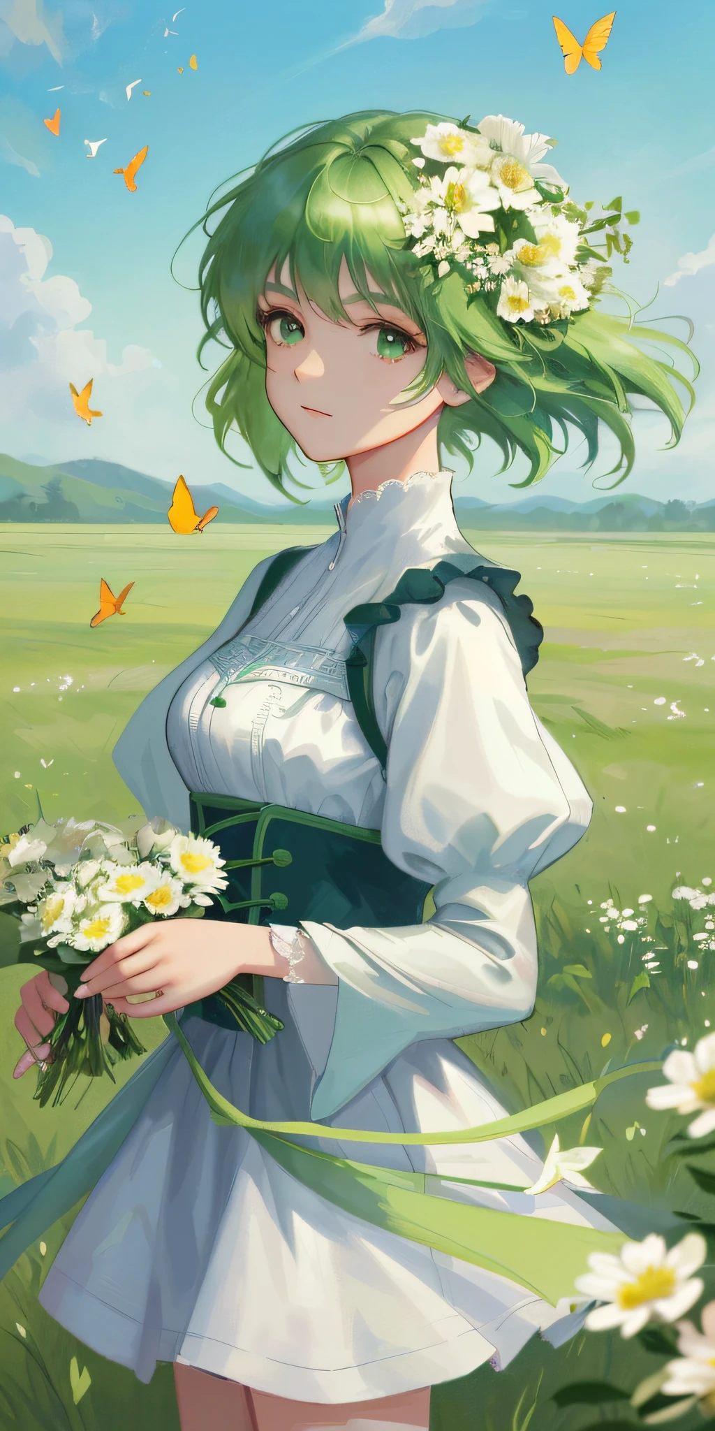High detail, super detail, super high resolution , girl with short green hair enjoying her time in the open field, surrounded by the beauty of nature, warm sun sprinkling on her, white flowers gently swaying in the breeze. Butterflies and birds flutter around her, adding to the playful atmosphere , --v6