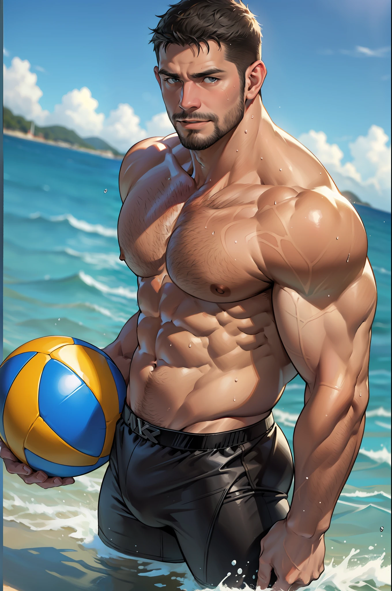 1 man, young middle-aged man, Chris Redfield, smilling face, solo, white skin, muscular, hairy body, muscle man, tall, hunk, big biceps, abs, big thighs, wide shoulder, open chest, facial hair, black short hair, wet body, wet hair, shirtless, playing volleyball on the beach, holding a volleyball, white swim trunk, viewer looking, high resolution:1.2, best quality, upper body shot, flat style, blue sky and clear water background, low camera angle, volumetric lighting, depth of field, shadow, realistic water, splashing water