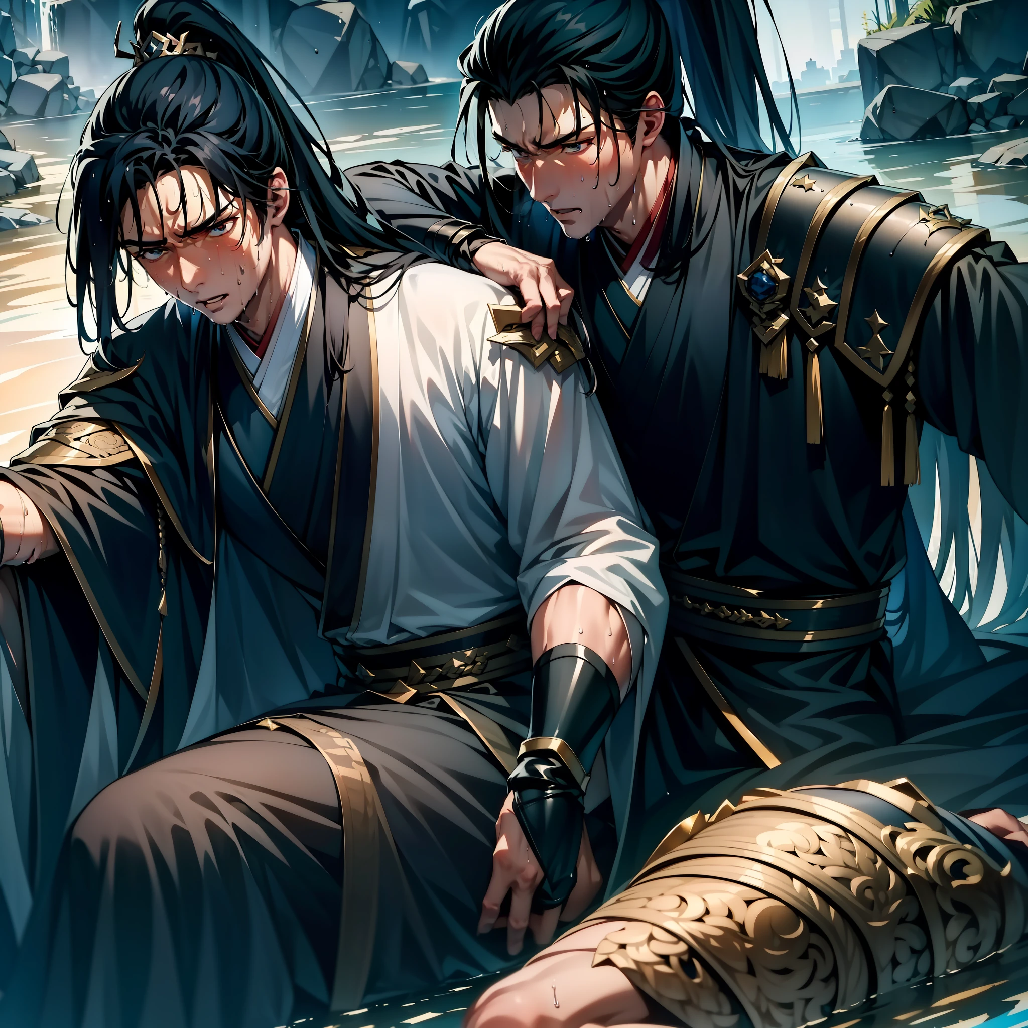 Two-dimensional, anime style, men, muscles, correct proportions, face details, young men, martial arts, high ponytail hairstyle, sweating, sweaty face, drooling, neck details, with Adam's apple, wet, wet, Hanfu costume, long robe, embroidered robe, dragon robe, clothing details, collar, long sleeves, male warrior, game quality, swordsman demeanor, light and shadow tracing, ray tracing, detail glow, CG rendering, hair details, long black hair, golden eyes, sweaty face, man, handsome, handsome, sweat beads slipping down the neck, teenager, Clothing complex, wet, wet, perfect composition, refinement, high quality, more details, a lot of details, complex background, atmosphere,