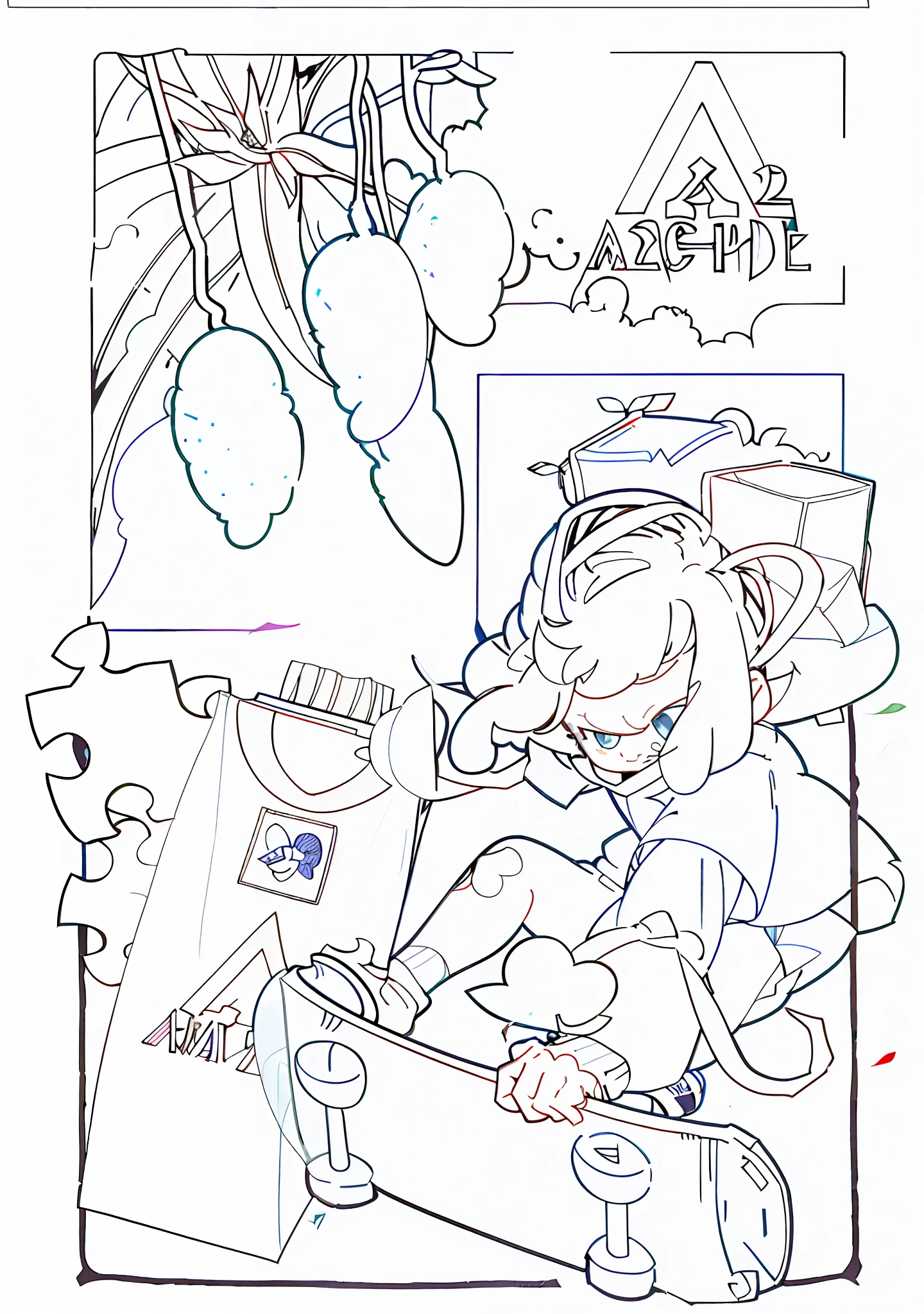 (clean lines + detailed fanart + full-page illustrations + stylized manga: 1.3 + publishing art style), (children's coloring + colored paper: 0.9), clear and clear quality art, super cute / delicious, looking out through the woods / looking outside through the window, candy tones/colorful tones.