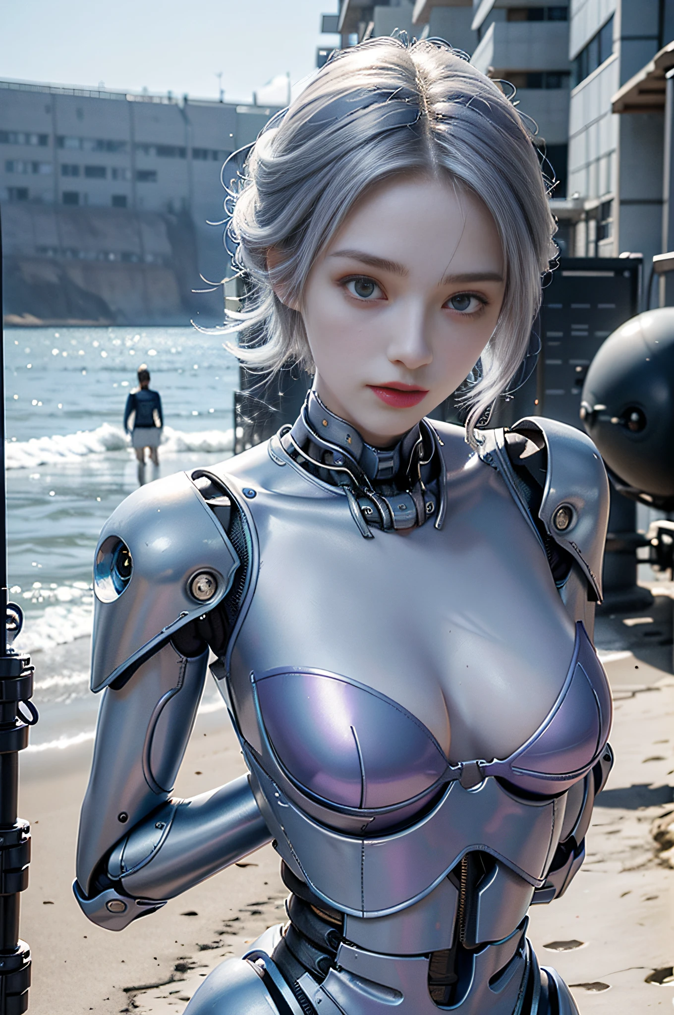 Best quality, delicate face, 25 years old girl, blue-purple gradient hair, slim body, mechanical body, robot skeleton, blonde, seaside, standing, beach, with huge alien spaceship floating in the air, cyberpunk, sci-fi