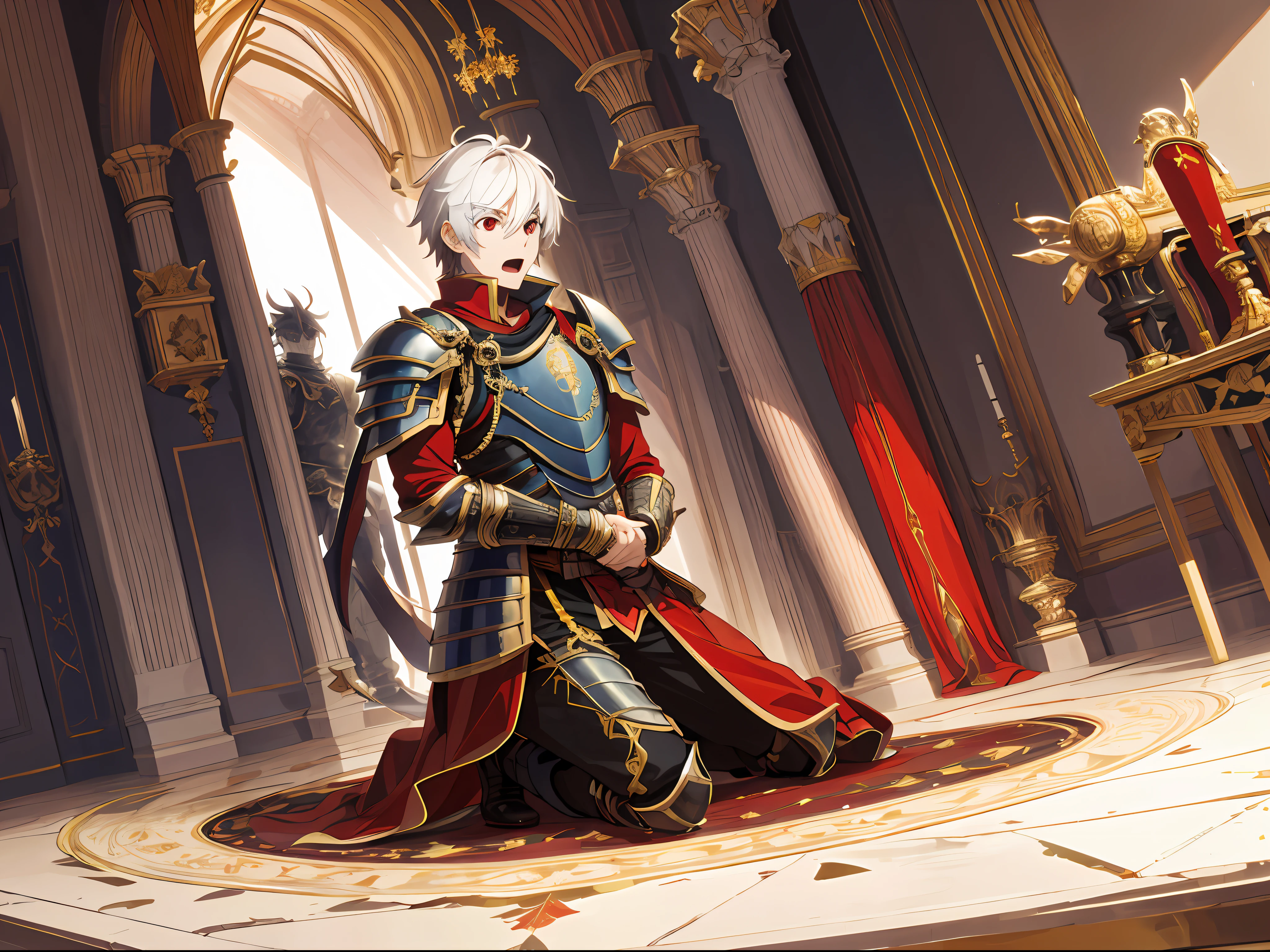 (absurd, high resolution, super detailed), (panorama), (1 male), adult, tall, in armor, red eyes, evil charm, short white back hair, in the palace, (surprised), open mouth, (kneeling on one knee), fear, sideways, ccurate, anime