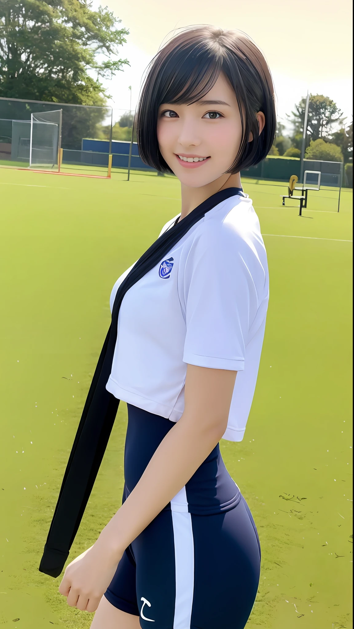 (Masterpiece:1.3), (8K, Photorealistic, RAW Photography, Best Quality: 1.4), Japan girl, (1 Girl), Beautiful Face, (Realistic Face), (Black Hair, Short Hair:1.3), Beautiful Hairstyle, Realistic Eyes, Beautiful Eyes, Beautiful Eyes, (Realistic Skin), Beautiful Skin, Attractive, Ultra High Definition, Golden Ratio, Detal Face,Look at the Beholder,Smile,Gym Clothes and Bloomer,Middle Breast,Standing, sports ground