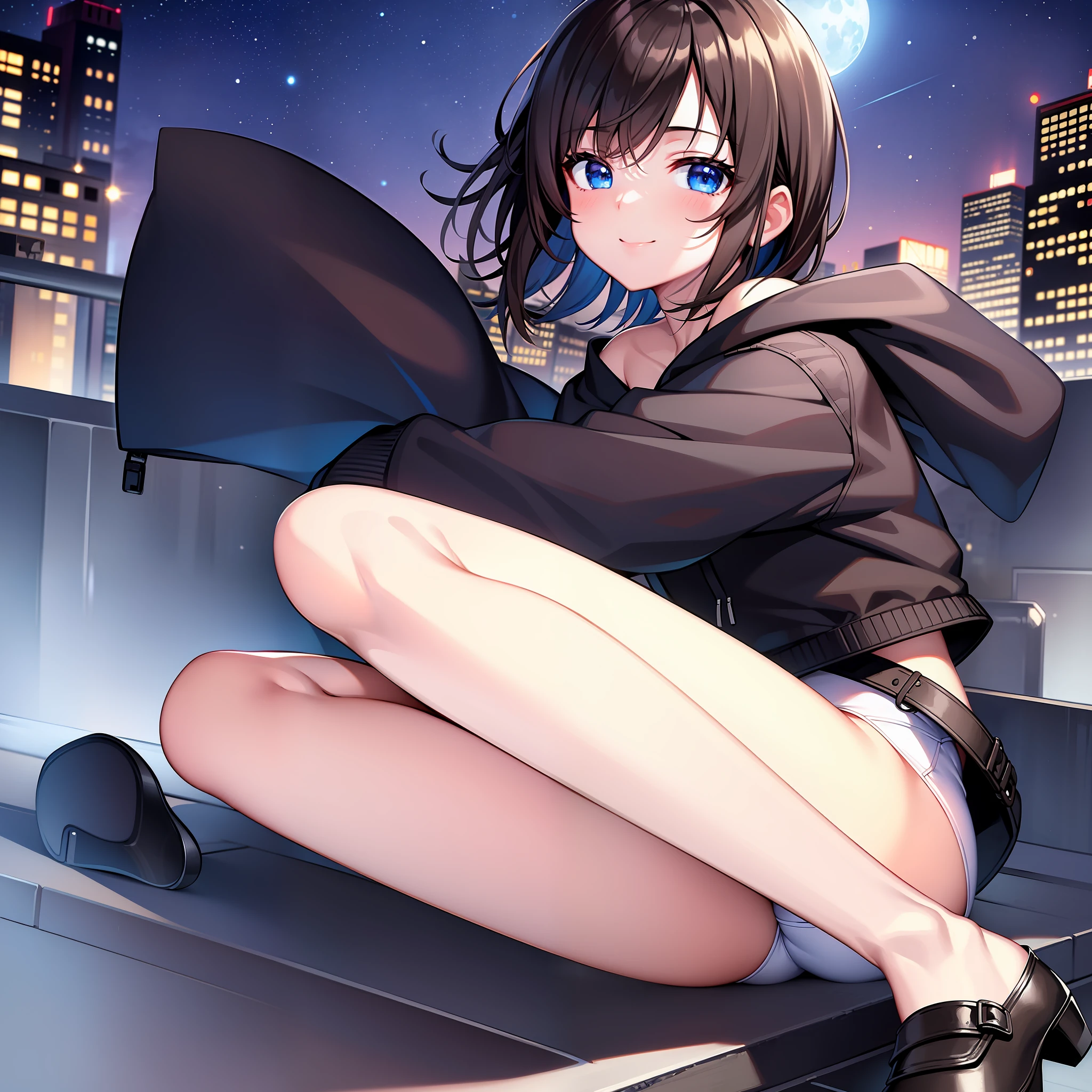 ((masterpiece, highest quality)), 1 girl, solo, smile, blue eyes, low angle, city, night, black hoodie, white underwear, brown hair, short hair,