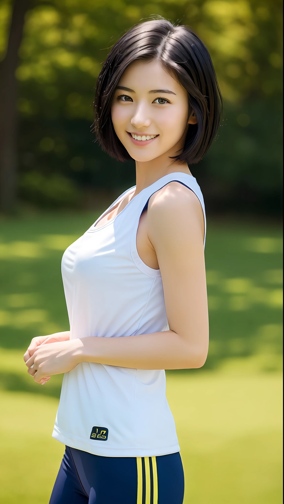 (Masterpiece:1.3), (8K, Photorealistic, RAW Photography, Best Quality: 1.4), Japan girl, (1 Girl), Beautiful Face, (Realistic Face), (Black Hair, Short Hair:1.3), Beautiful Hairstyle, Realistic Eyes, Beautiful Eyes, Beautiful Eyes, (Realistic Skin), Beautiful Skin, Attractive, Ultra High Definition, Golden Ratio, Detal Face,Look at the Beholder,Smile,Gym Clothes and Bloomer,Middle Breast,Standing, sports ground