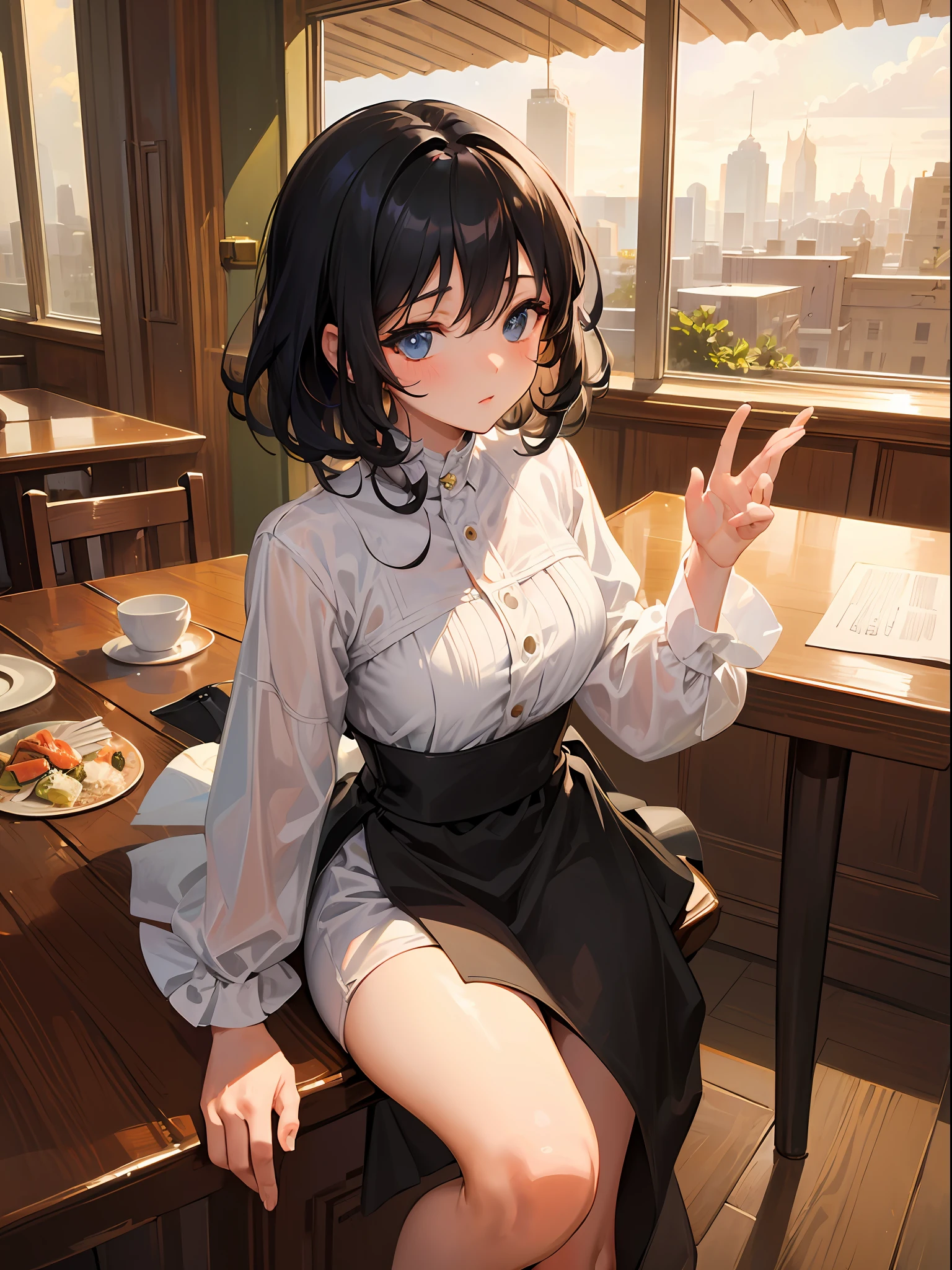 ((Masterpiece)), ((Best Quality))), ((Ultra Detailed)), ((Illustration)), a boy and a girl, adult. The boy has short black hair. The girl has white curly hair. The two sat in a high-end restaurant