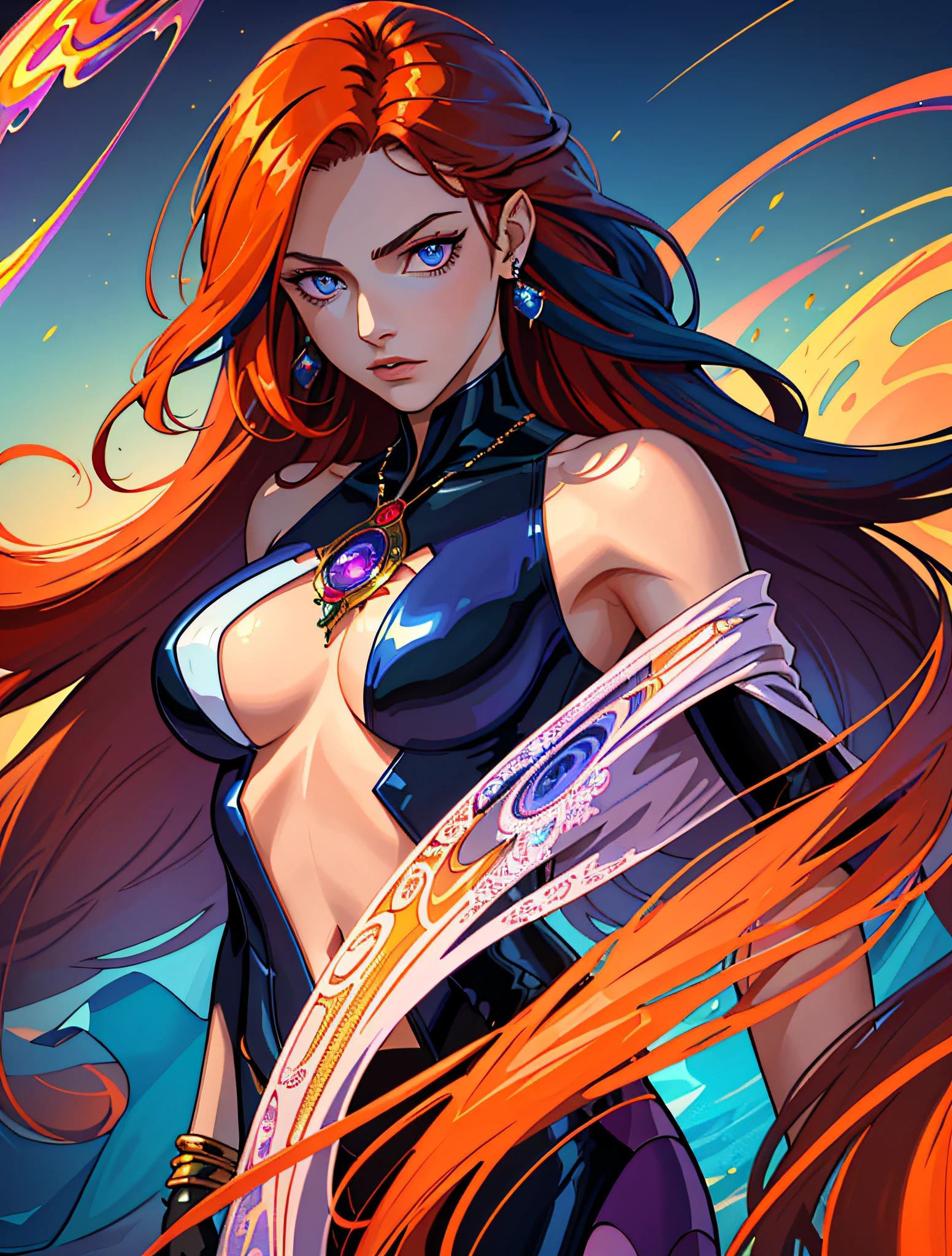 ((masterpiece, top quality)), (photorealism: 1.3), 1girl, charming, mysterious, blue and purple eyes, multicolored eyes, long shimmering hair, flowing hair, dark red hair and soft orange hair, multicolored hair, gradient hair, bodysuit, jewelry, jewelry, abstract pattern, luxury, decadence