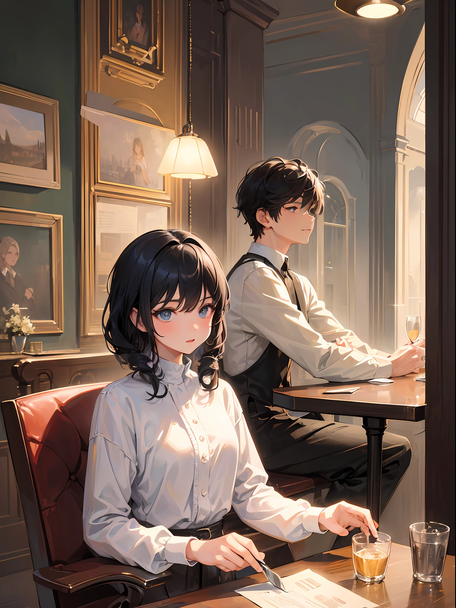 ((Masterpiece)), ((Best Quality))), ((Ultra Detailed)), ((Illustration)), a boy and a girl, adult. The boy has short black hair. The girl has white curly hair. The two sat in a high-end restaurant