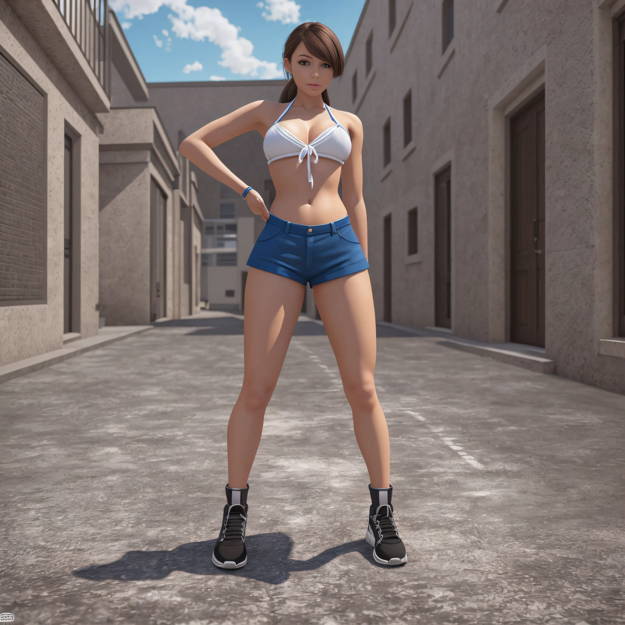 high quality, 8k, realistic, correct anatomy, perfect proportions, 3d, side view, full body, professional lighting, best light, one beautiful girl, narrow waist, shorts, bikini, schoolgirl, outdoors, tall stretch,