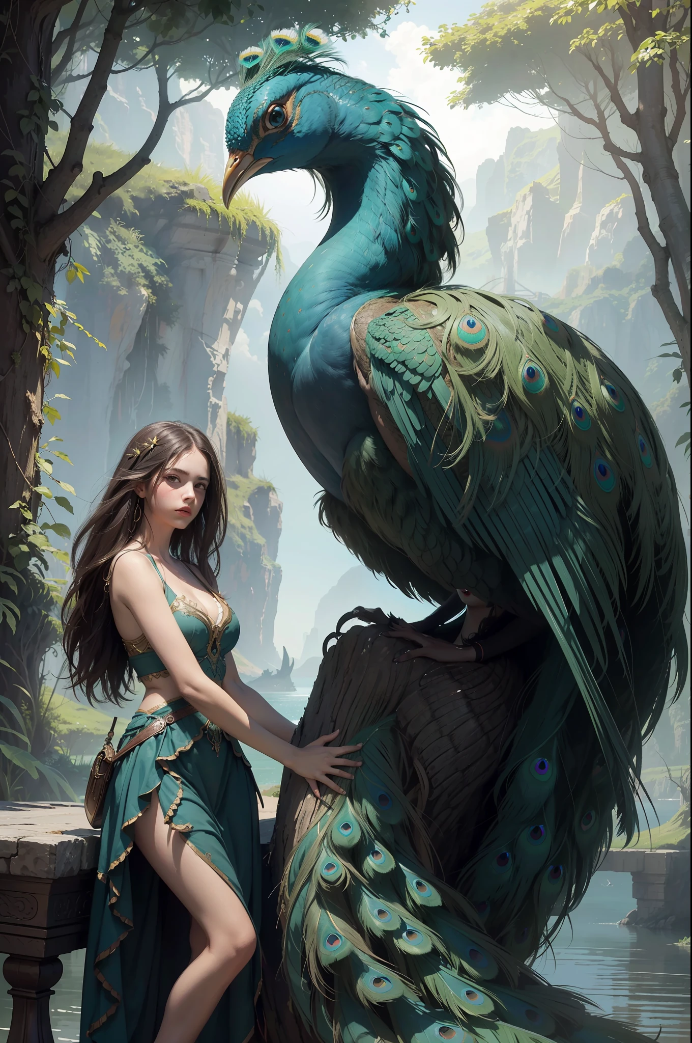 fantastic realism, masterpiece, super detailed, 1 beautiful girl, hugging a giant peacock, plain, background lake, detailed background, (top quality, Alessandro Casa Grande, Greg Rutkowski, Sally Mann, concept art, 4k),