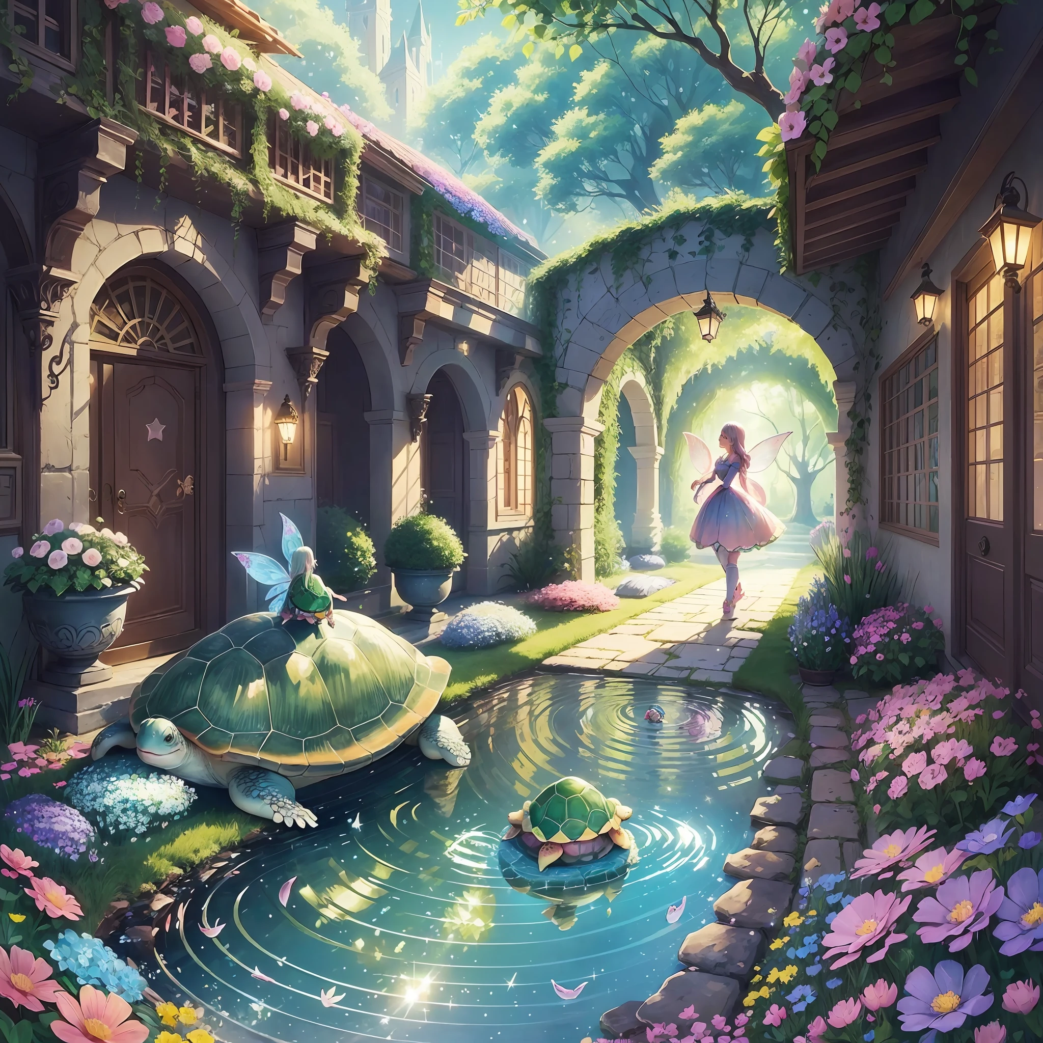 ((Fairy tale)), ((Cute turtle pictures are drawn)), beautiful garden in the background, colorful flowers blooming, pink, blue and yellow flowers. It was bathed in light, and the floor was studded with sparkling jewels. The sparkle of diamonds and the sparkle of emeralds spread out as beautifully as stars.