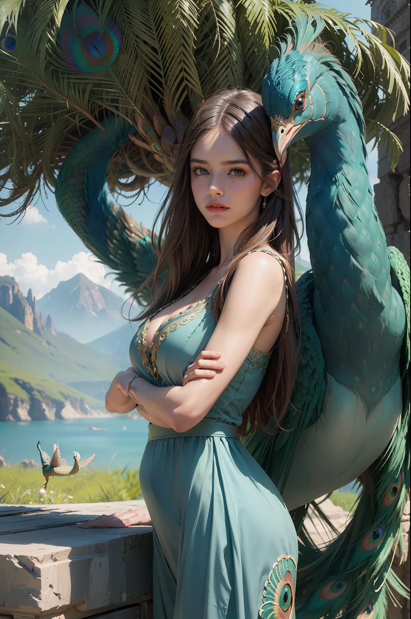 fantastic realism, masterpiece, super detailed, 1 beautiful girl, hugging a giant peacock, plain, background lake, detailed background, (top quality, Alessandro Casa Grande, Greg Rutkowski, Sally Mann, concept art, 4k),
