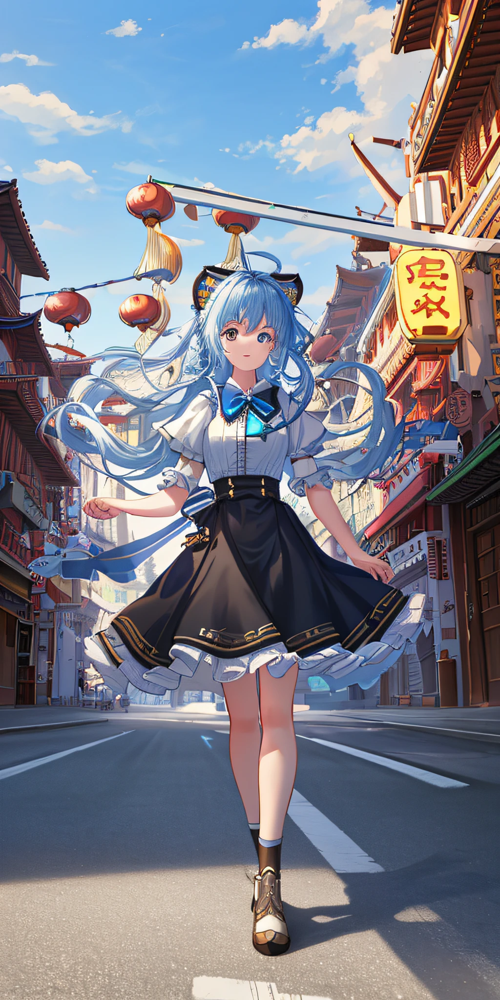 masterpiece, top quality, (highly detailed cg unity 8k wallpaper) (highest quality), (best illustration), (best shadow) super detailed ,empty chinatown, (wide road), blue sky, extre meiy longhot,