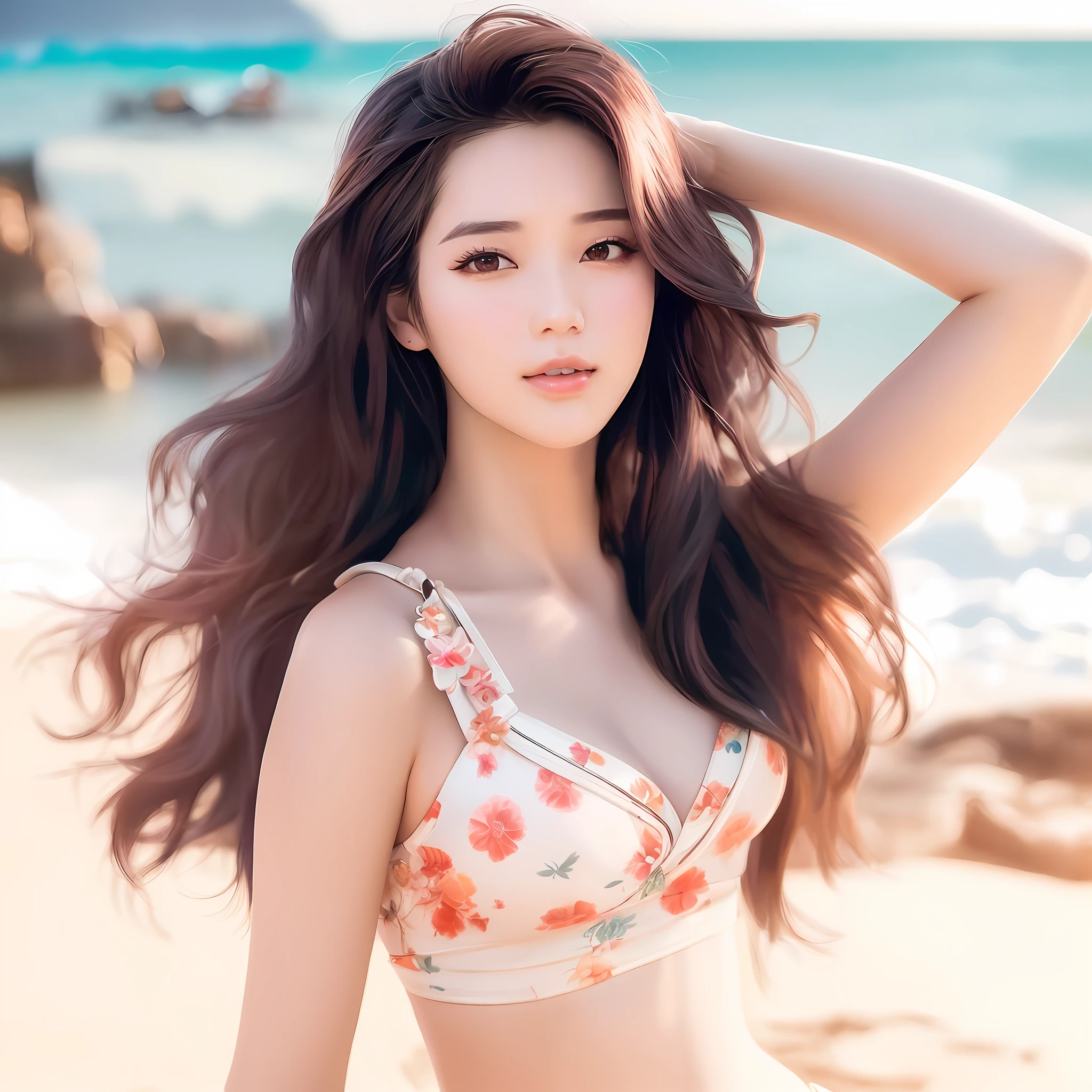 there is a woman in a bikini posing on the beach, beautiful south korean woman, gorgeous young korean woman, beautiful young korean woman, korean girl, beautiful asian girl, beautiful girl model, hot with shining sun, ig model | artgerm, beautiful model girl, asian girl with long hair, jaeyeon nam, beautiful digital artwork, korean woman, beautiful asian woman