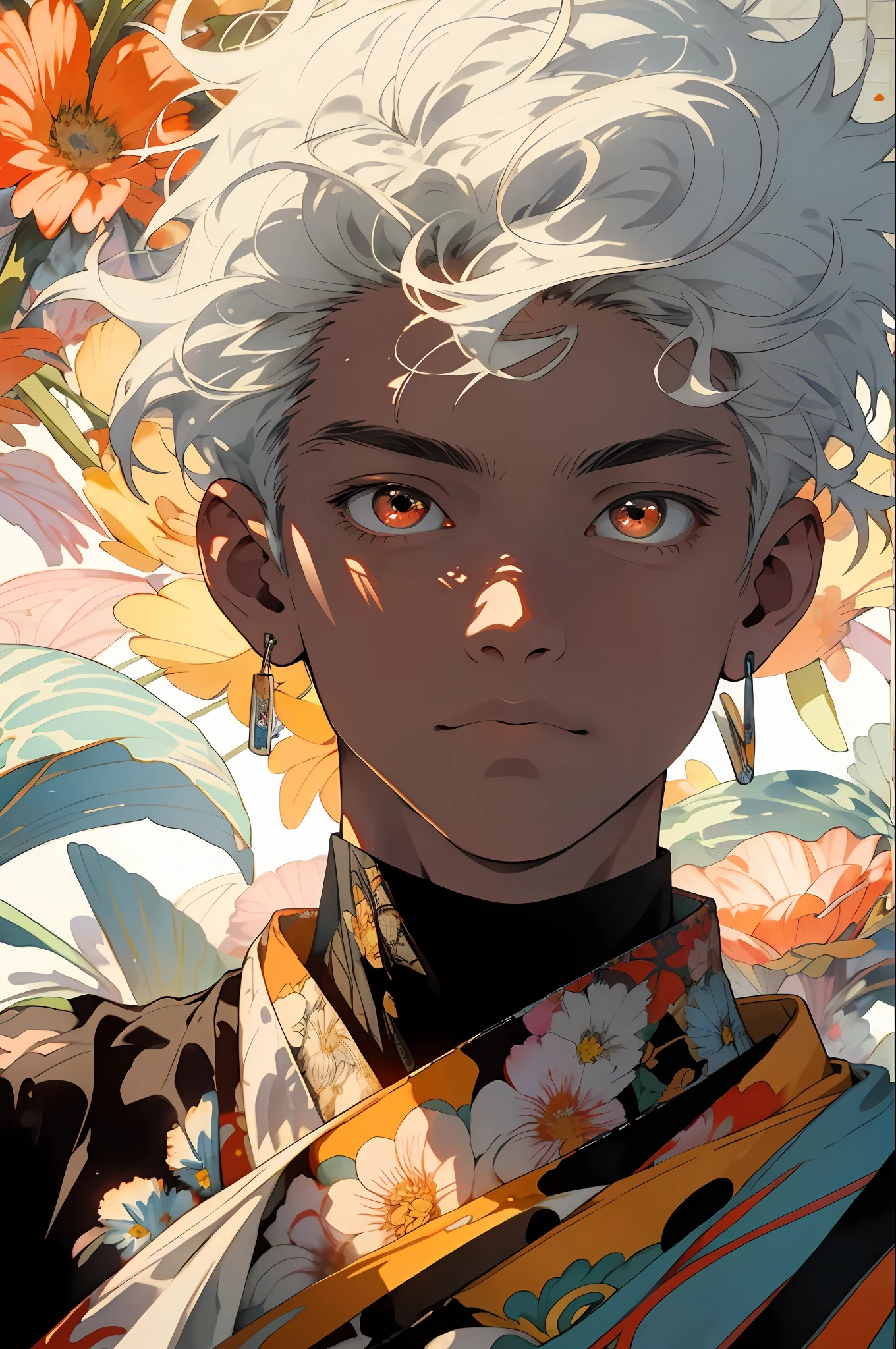 Realistic, (Masterpiece, Top Quality, Best Quality, Official Art, Beauty and Aesthetics: 1.2), Very Detailed, Fractal Art, Colorful, Most Detailed, Zentangle, (Abstract Background: 1.5) (1boy: 1.3), God, White Hair, Short Hair, (Glowing Red Eyes), Mysterious, (Magic), Ice, Handsome Man, ((Other Shore Flower, Garlic)), Yellow Spring, Hell